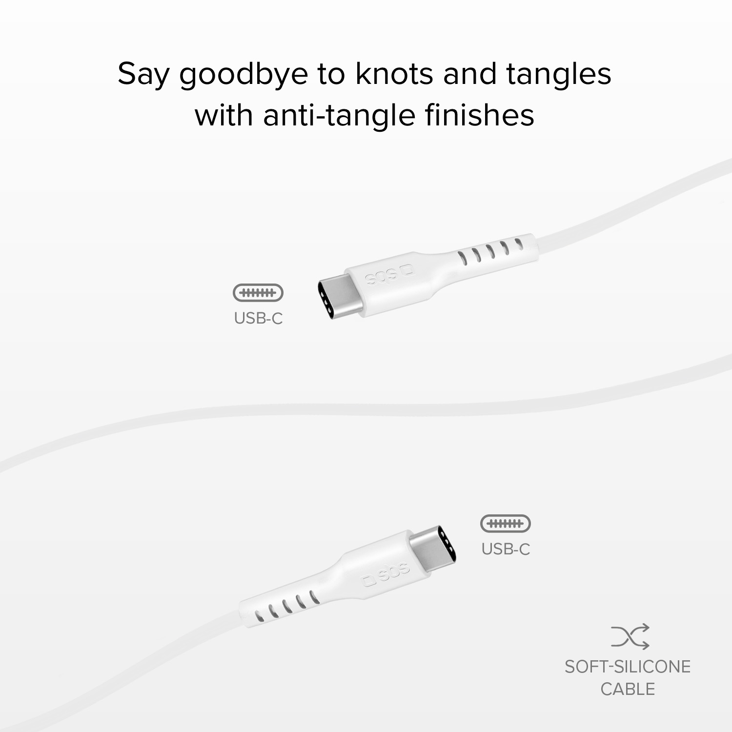 Deux câbles USB-C. Texte : Dites adieu aux nœuds et aux enchevêtrements grâce aux finitions anti-enchevêtrement.