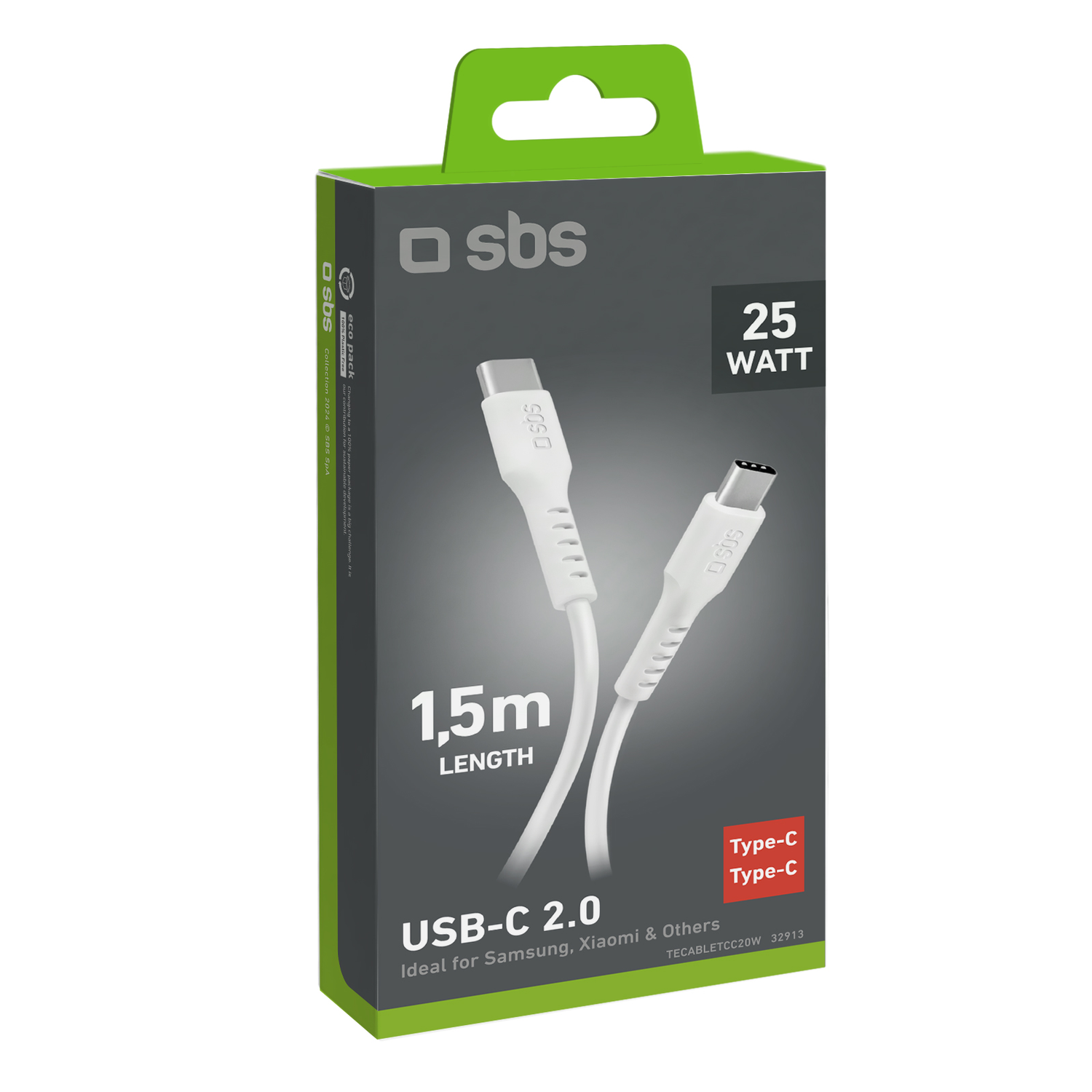 Câble USB-C dans son emballage. L'emballage est vert, blanc et gris.