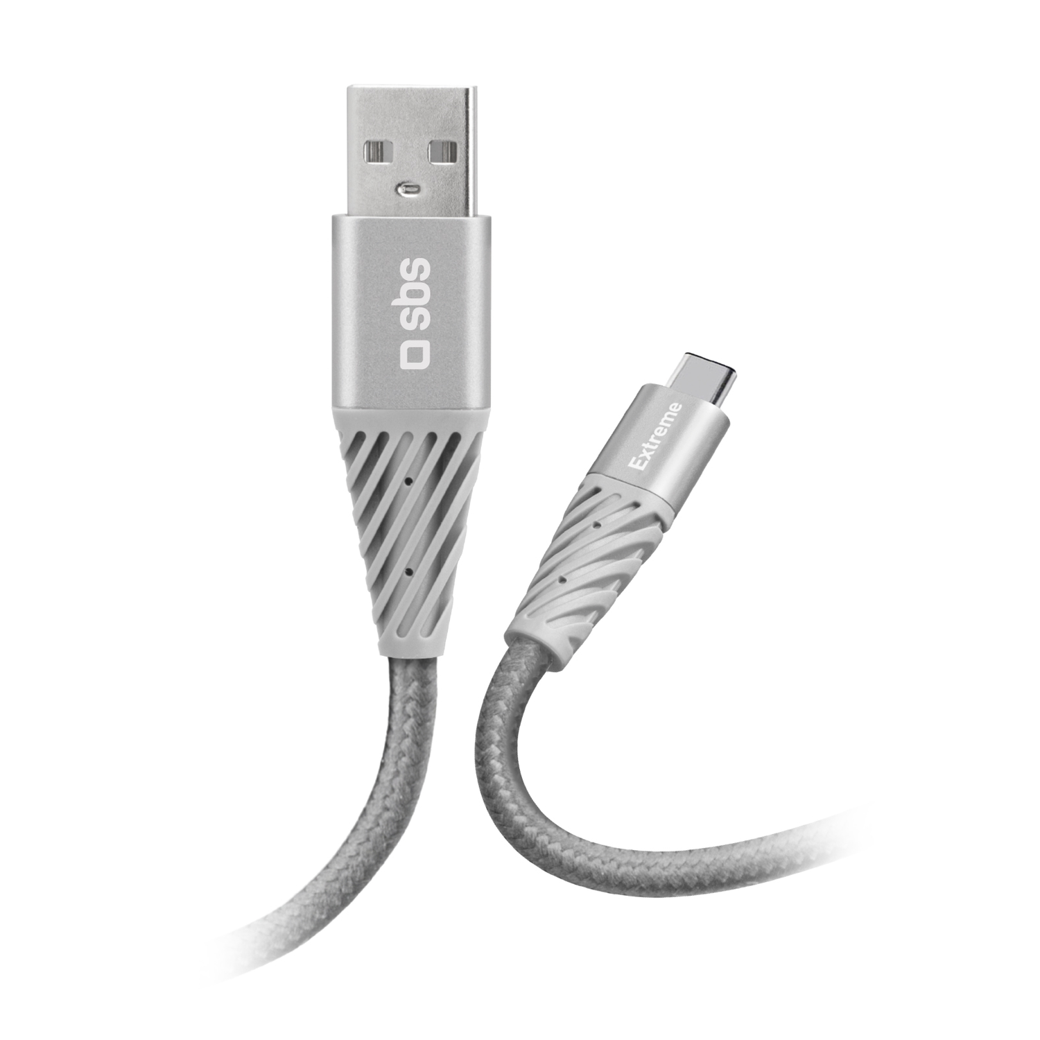 Un câble de chargement argenté USB-C vers USB-A.