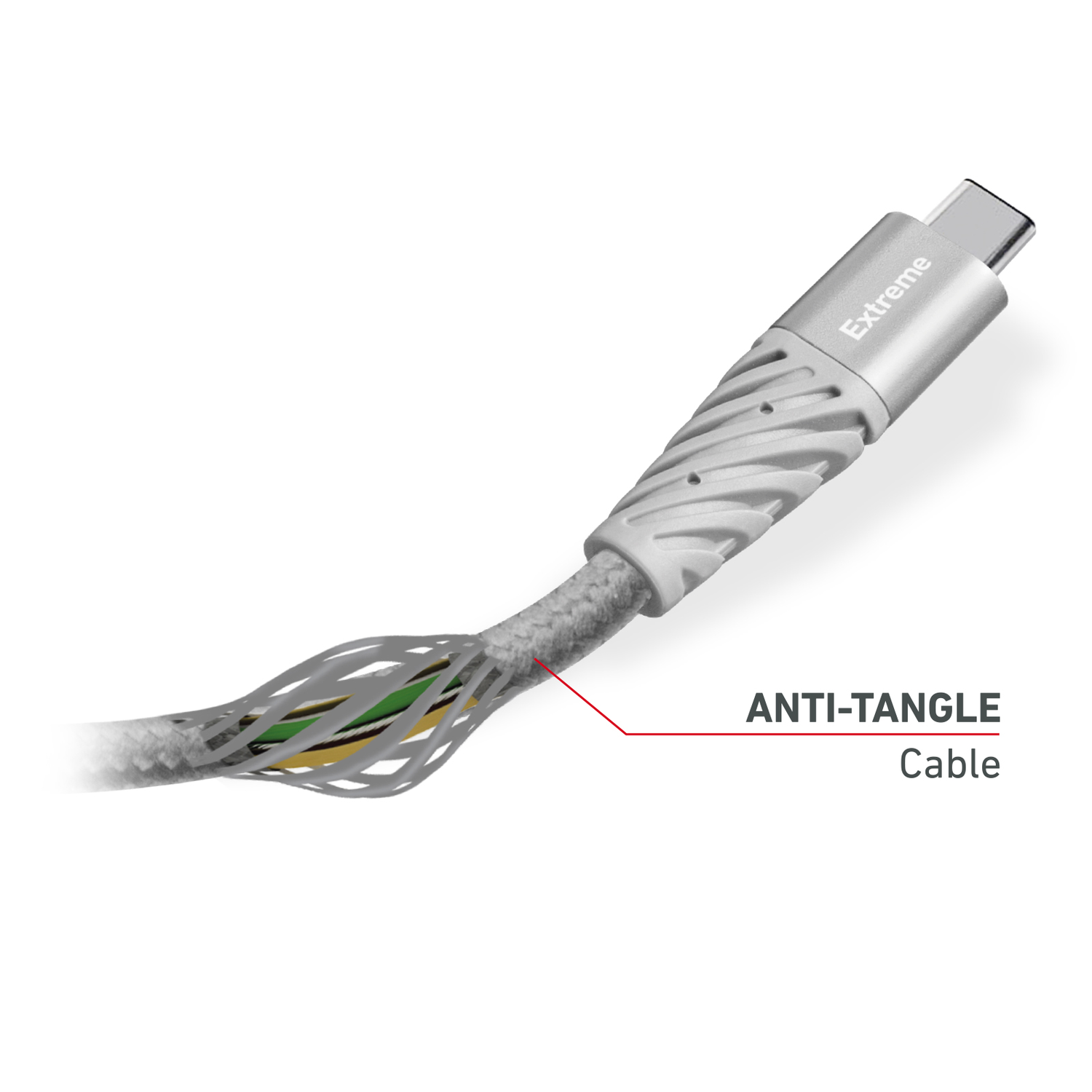 Un câble blanc avec du texte rouge indiquant 'ANTI-TANGLE Cable'. Le câble contient plusieurs fils colorés.