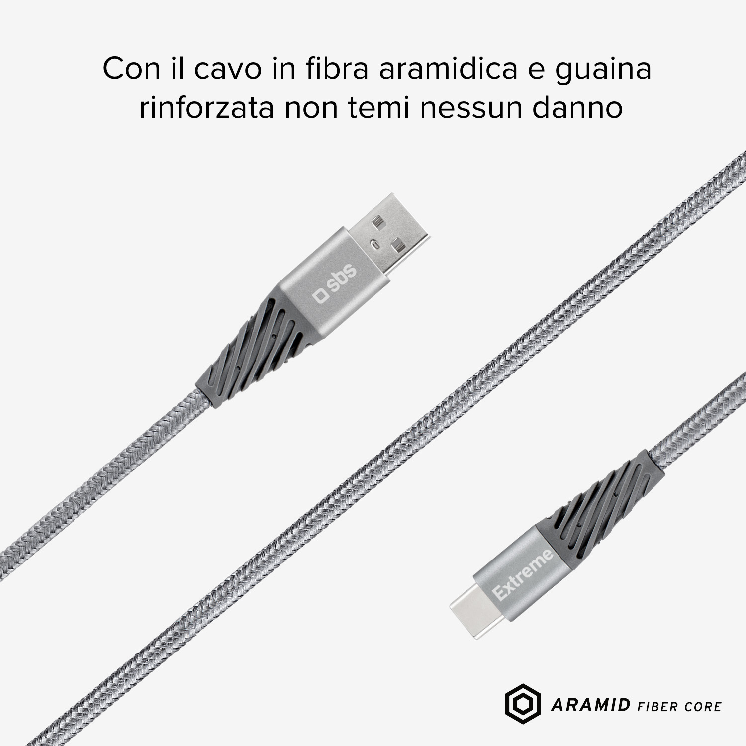 Câble USB argenté avec câble renforcé et le texte 'Extreme'. Marque SBS.
