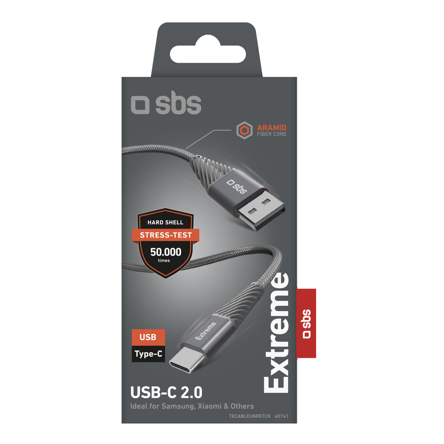 Câble USB-C 2.0 dans son emballage, avec un design noir et gris. Le texte met en évidence les caractéristiques et la marque du câble.