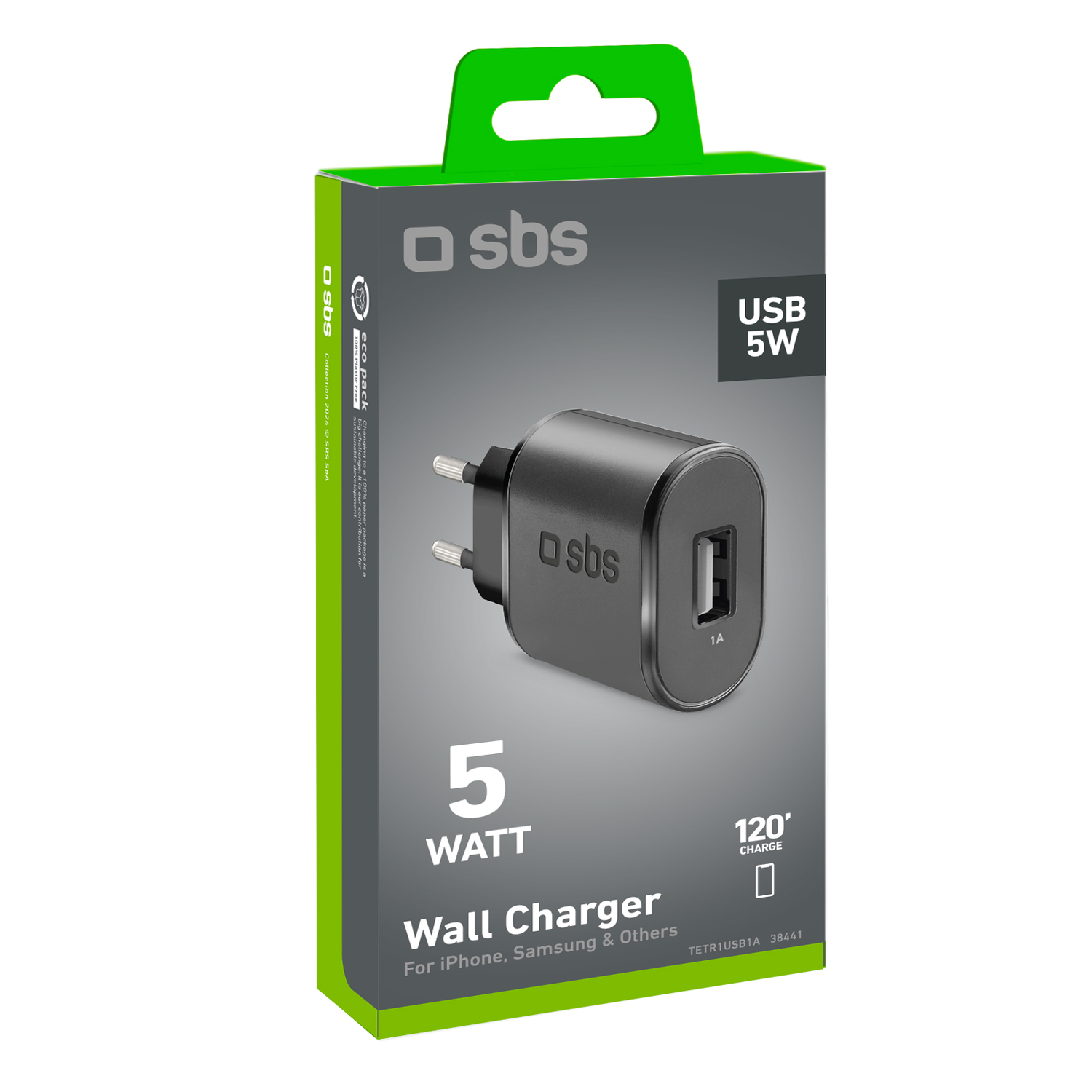 Boîte noire et verte contenant un chargeur mural 5W. Le chargeur a un port USB, avec du texte sur la boîte.