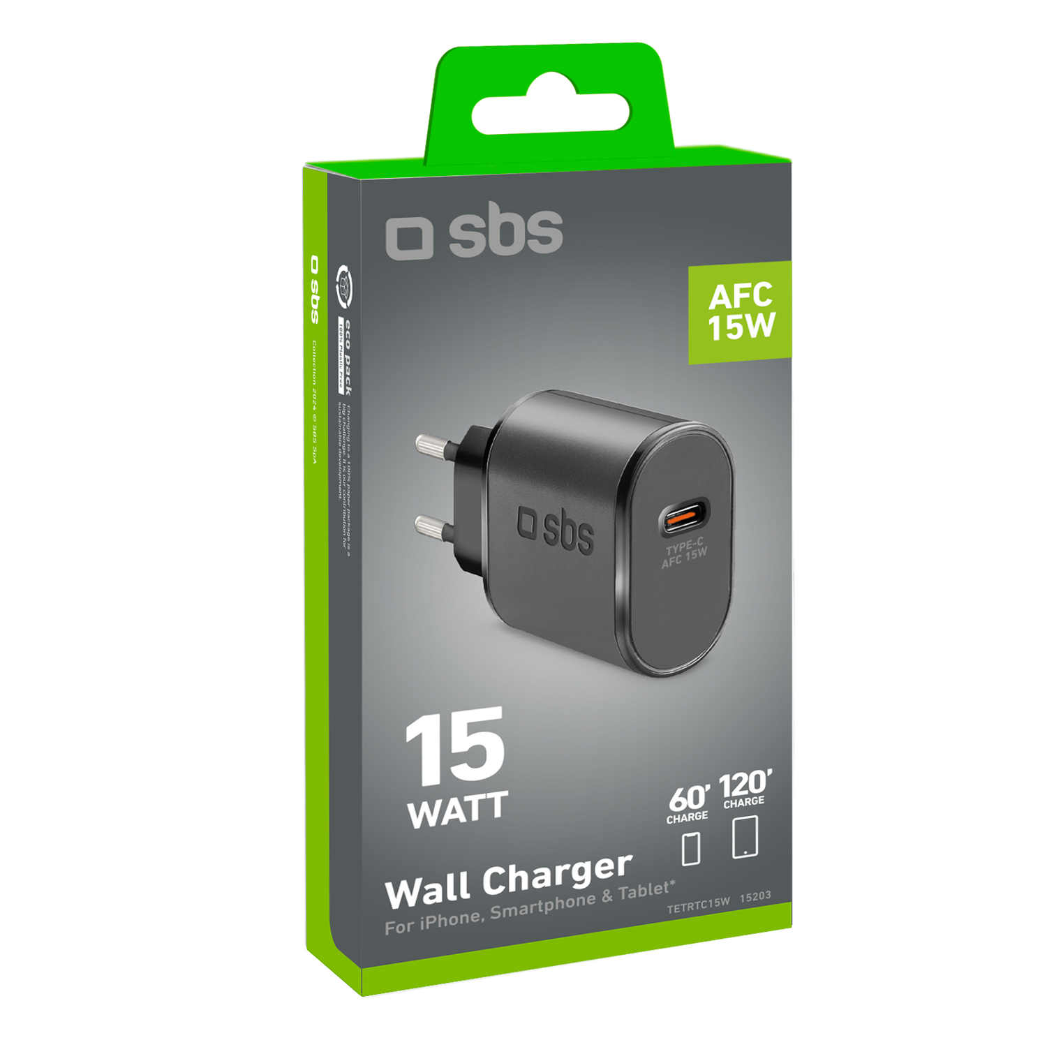 Boxed black 15W wall charger, type-C, AFC. Green packaging with white details.