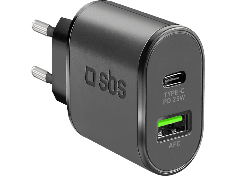 Sbs Chargeur Mural 1x USB-C 25W et 1x USB-A 18W Noir