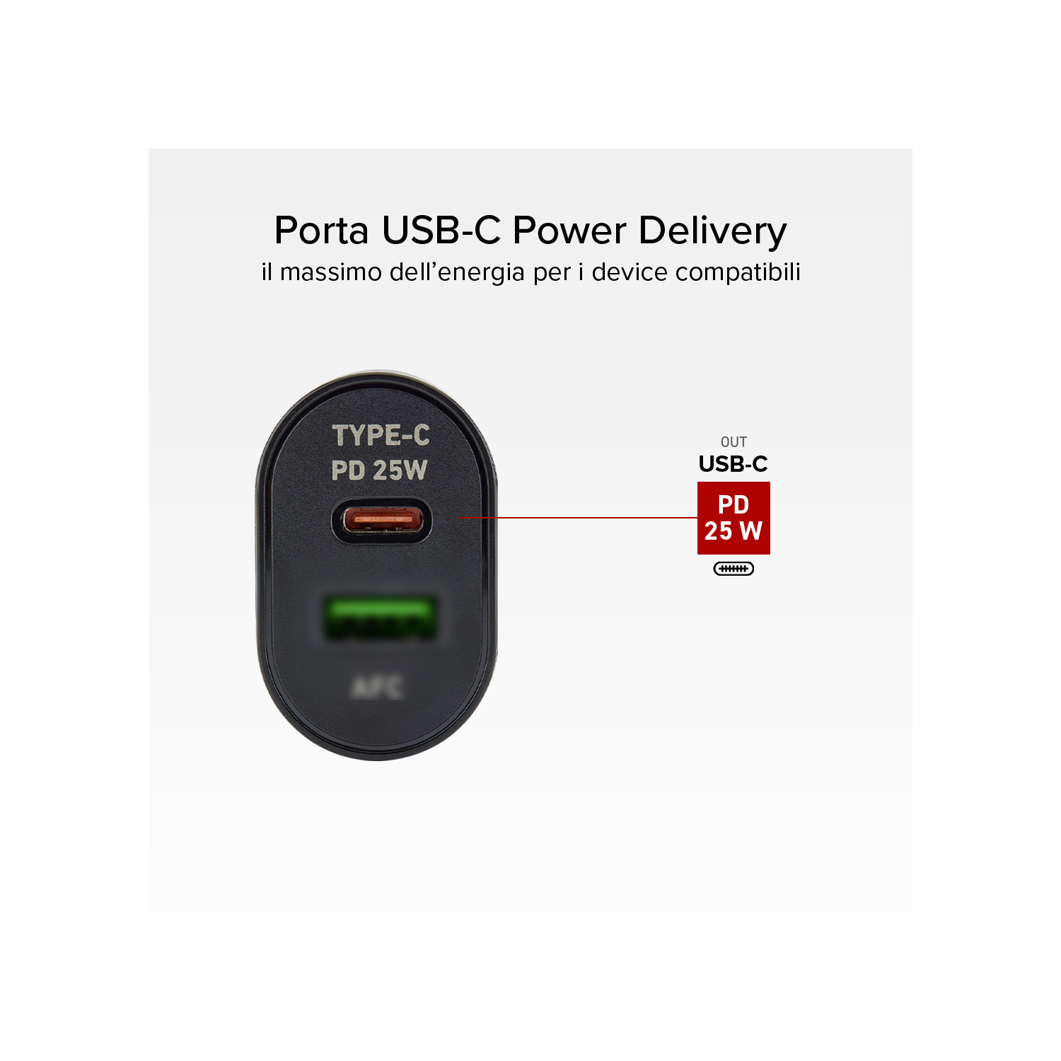 Een zwarte USB-C-oplader met tekst die 25W stroomtoevoer aangeeft. Een USB-C-poort wordt gemarkeerd.