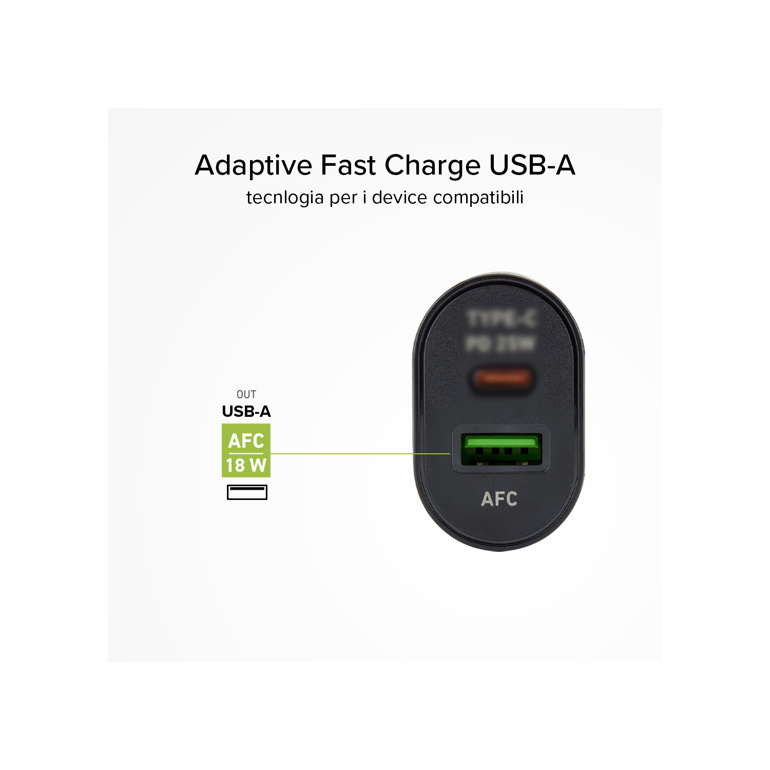 Een zwarte oplader met een USB-A-poort en een groen licht, met tekst.