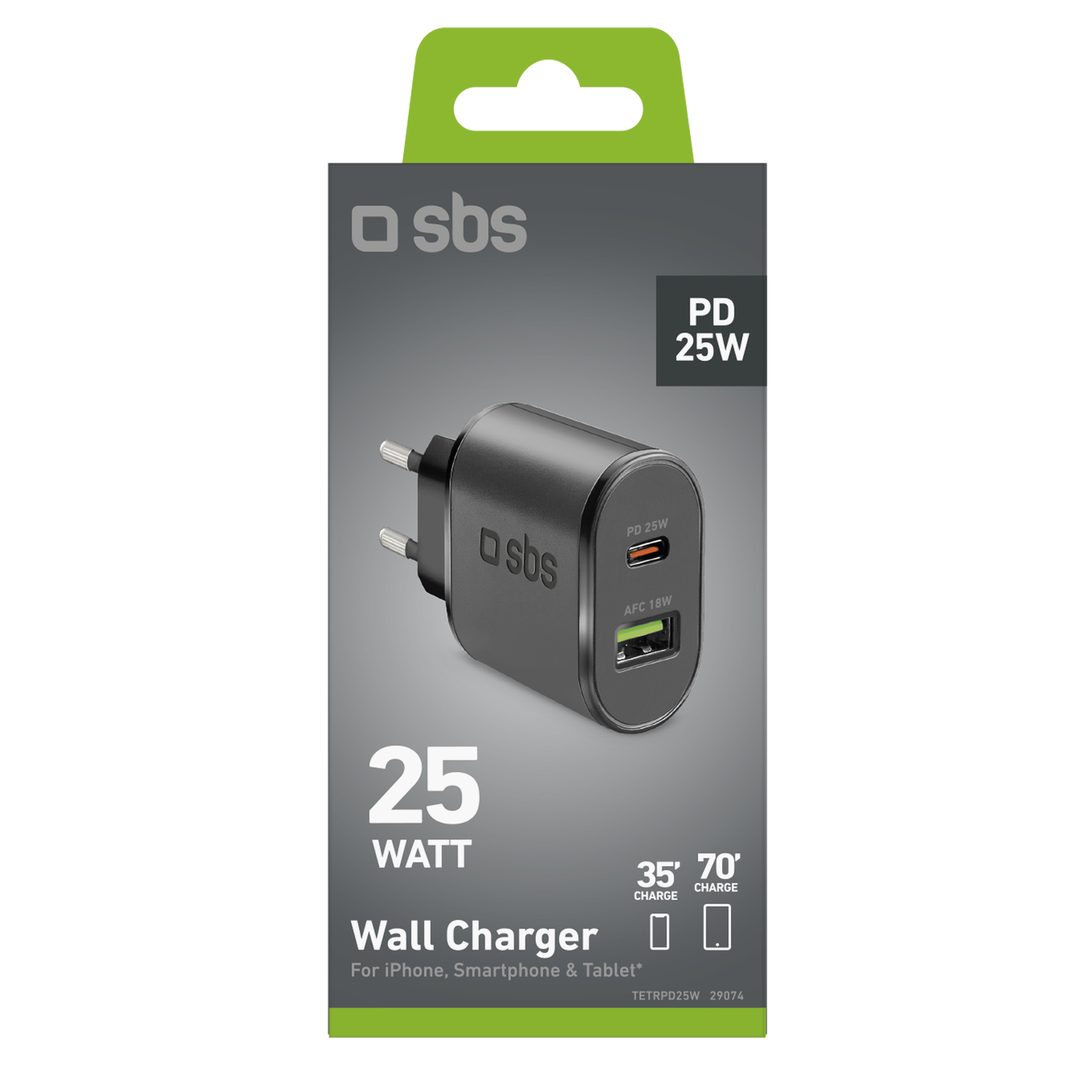 Een 25W wandlader in de verpakking. Het is zwart, met dubbele poorten en een groen-wit kleurenschema.