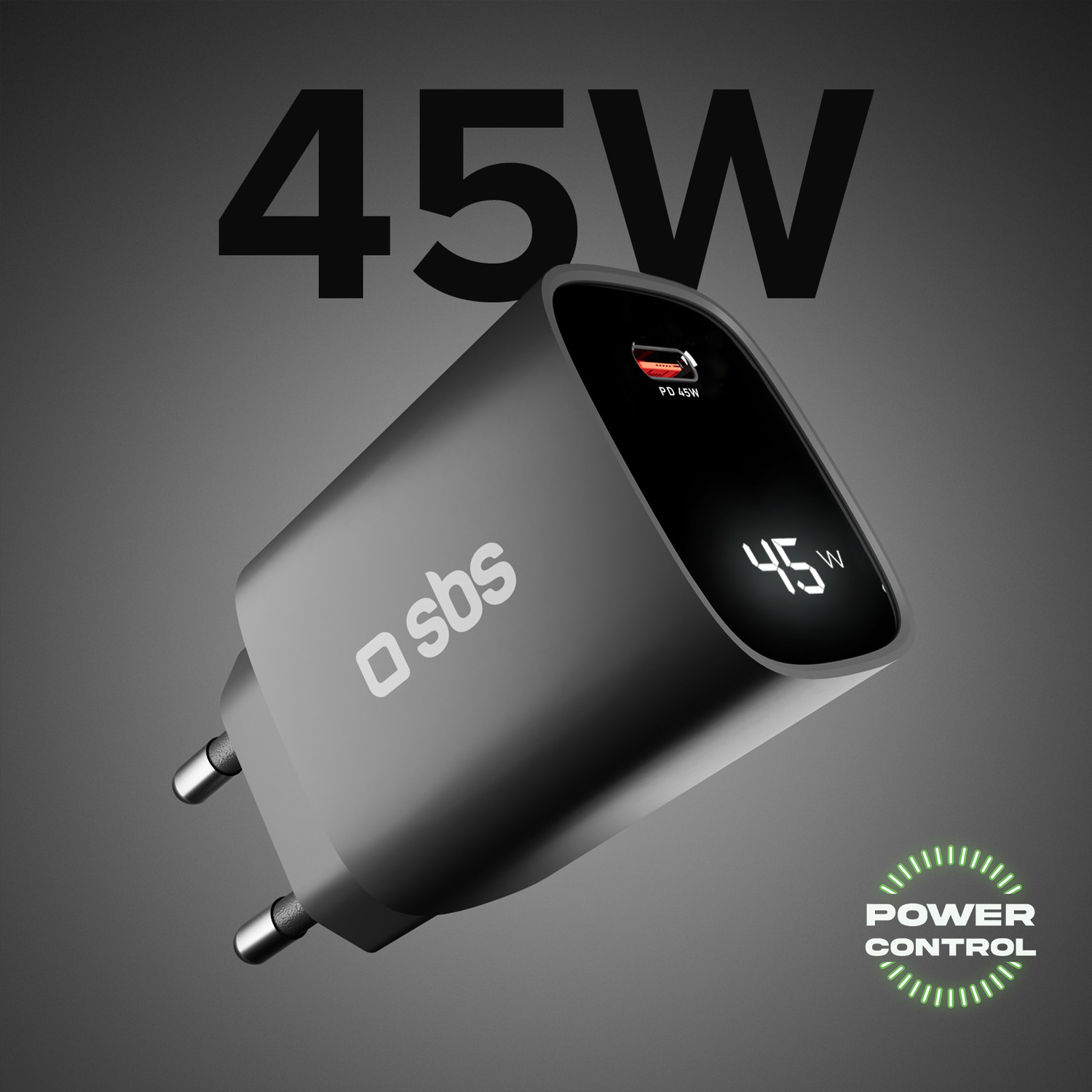 Chargeur de téléphone gris avec affichage numérique indiquant 45W et une icône. Fond noir.