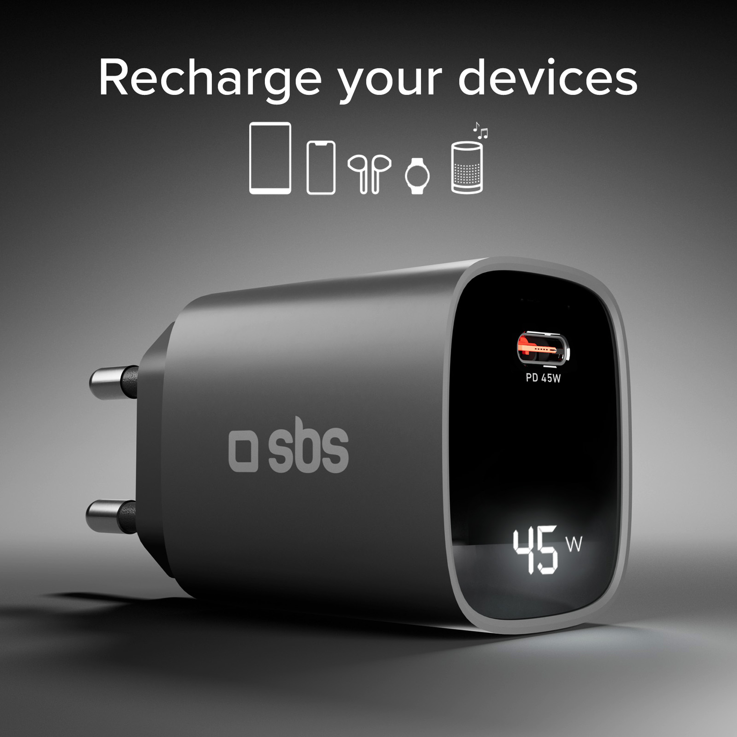 Chargeur noir avec écran affichant 45W et câble. Texte: Rechargez vos appareils.