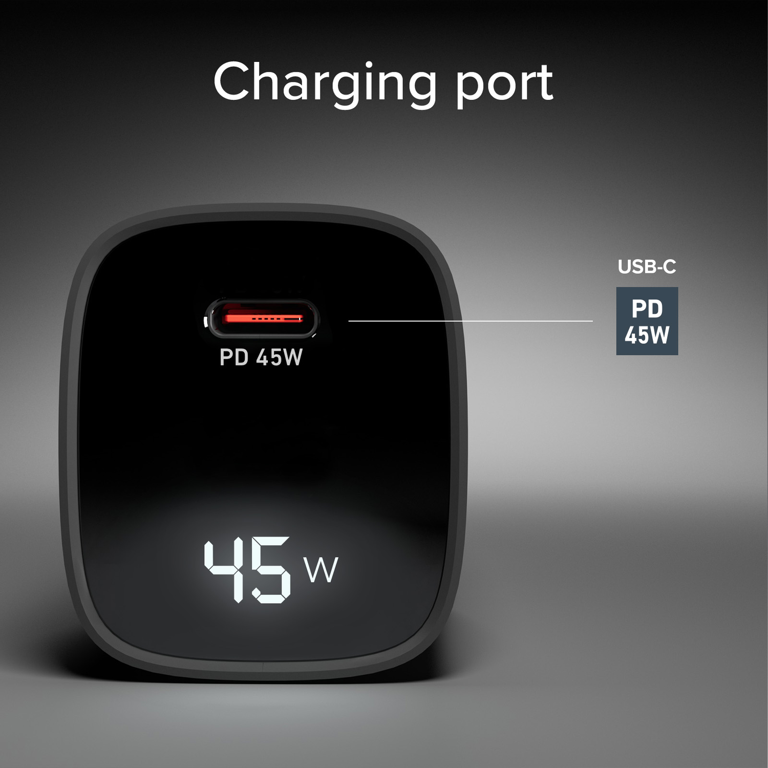 Un adaptateur secteur noir avec un port USB-C et le texte "PD 45W."