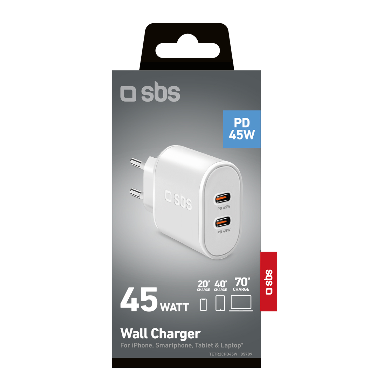 Chargeur mural blanc avec deux ports USB. Emballage affiche 'PD 45W'. Fond noir.