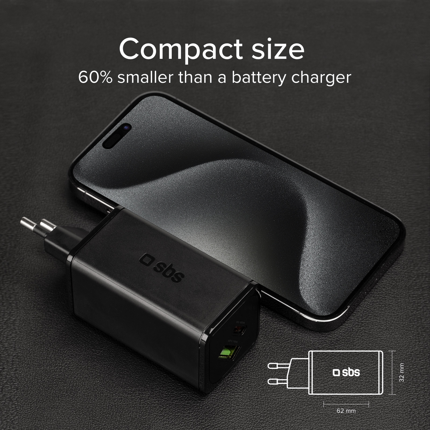 Black charger next to a phone, with size details and a drawing.