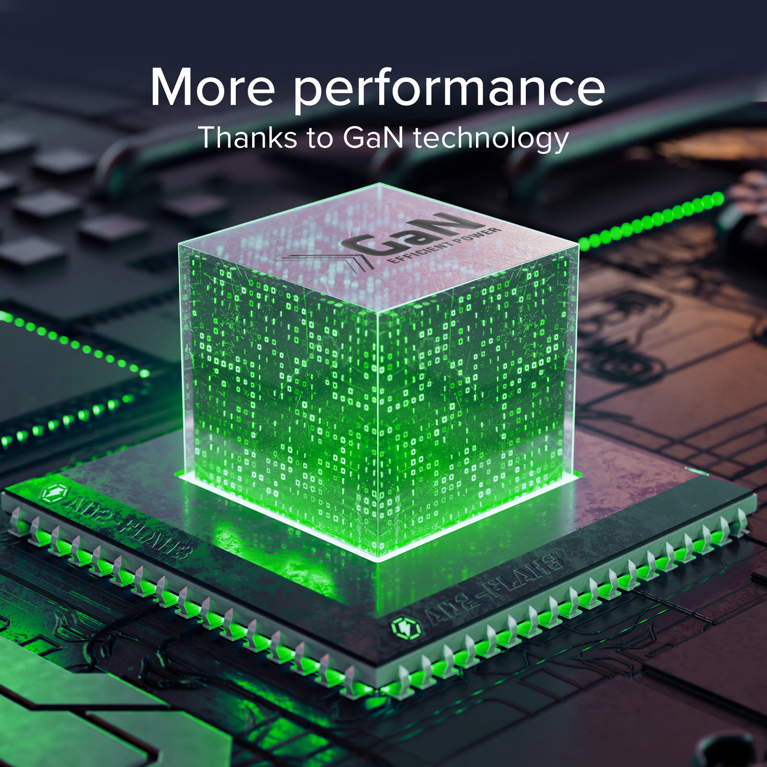 A green cube with a digital display on a circuit board. Text: More performance thanks to GaN technology.