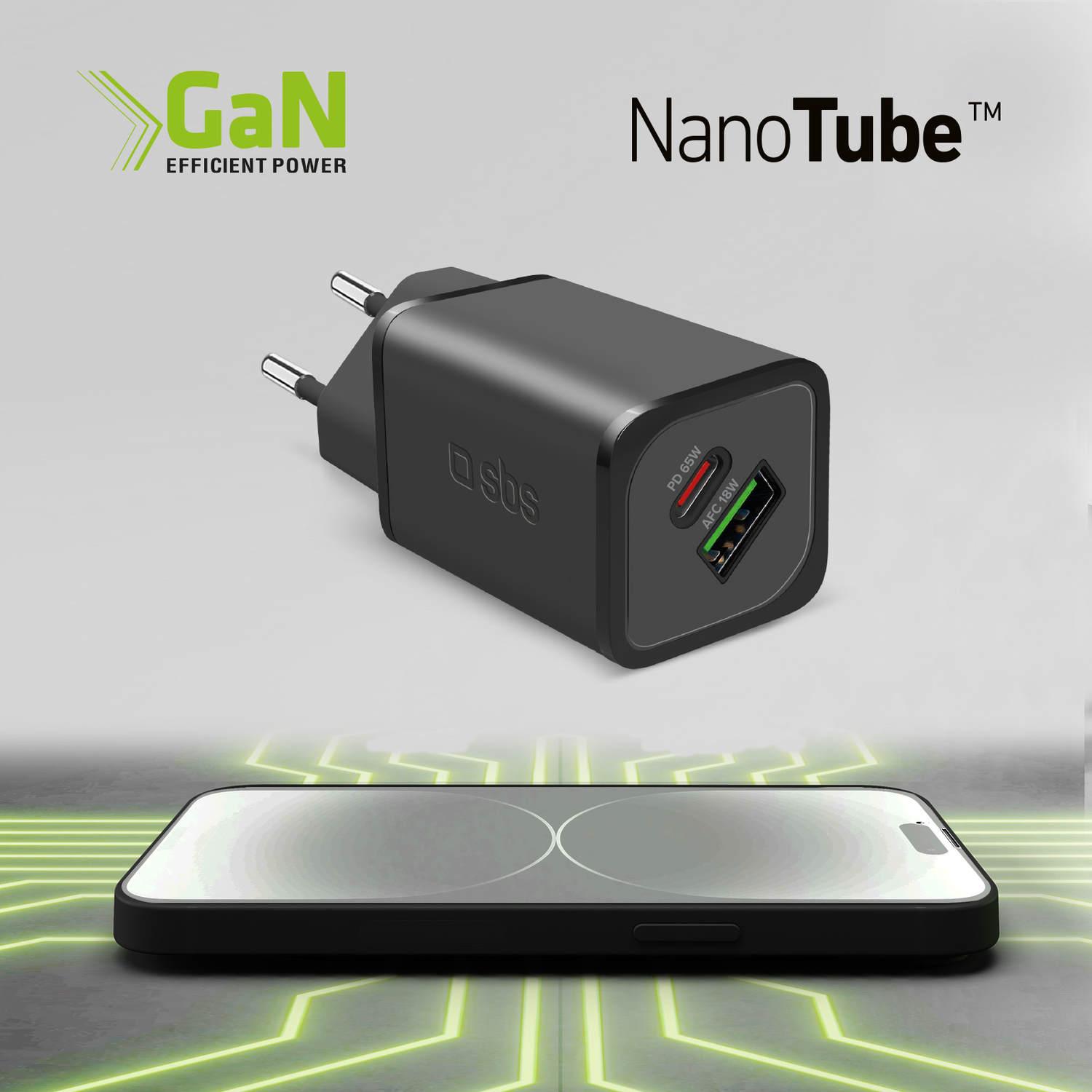 Black charger with a phone. Text: GaN Efficient Power, NanoTube, and PD 65W. Modern design.