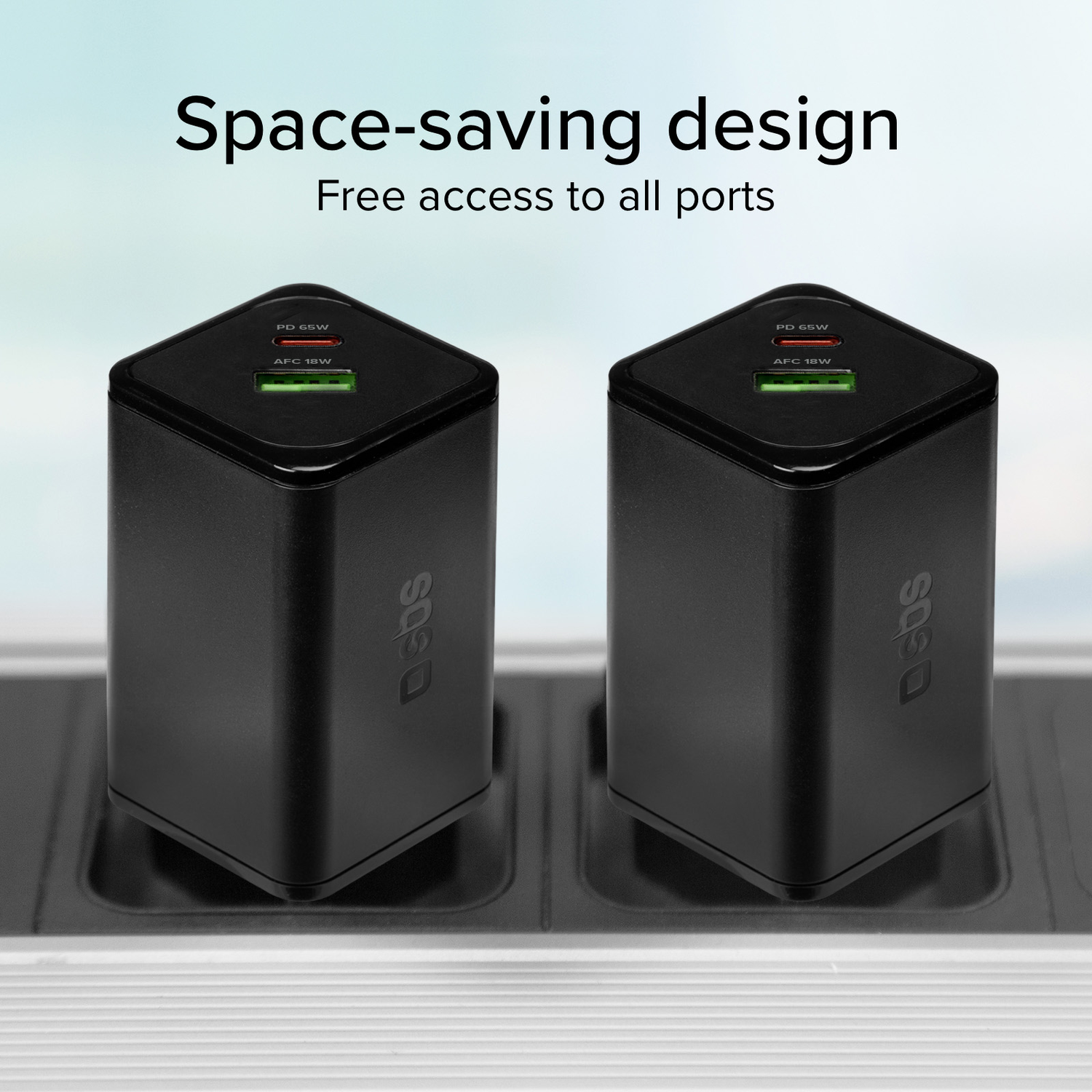 Two black chargers plugged in, with text 'Space-saving design'.