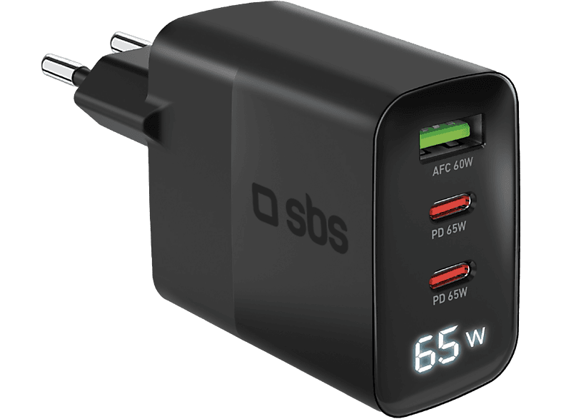 Chargeur Mural SBS 65W avec Écran LCD (2x USB-C, 1x USB-A)