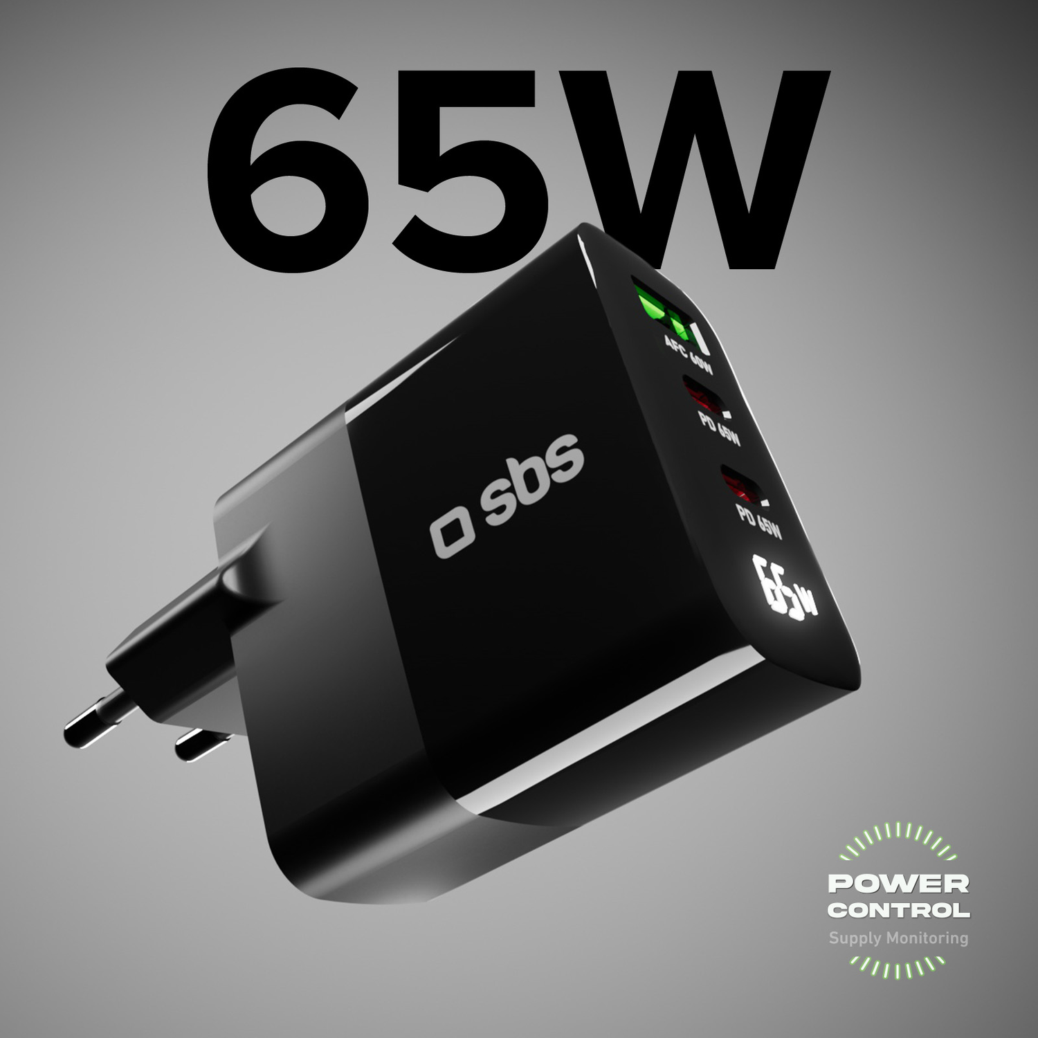 Adaptateur secteur noir avec '65W' affiché. Il a deux ports et un logo de contrôle d'alimentation.