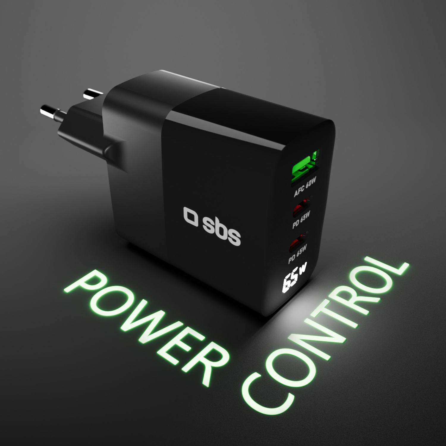 Chargeur noir avec texte lumineux 'POWER CONTROL' sur une surface sombre.