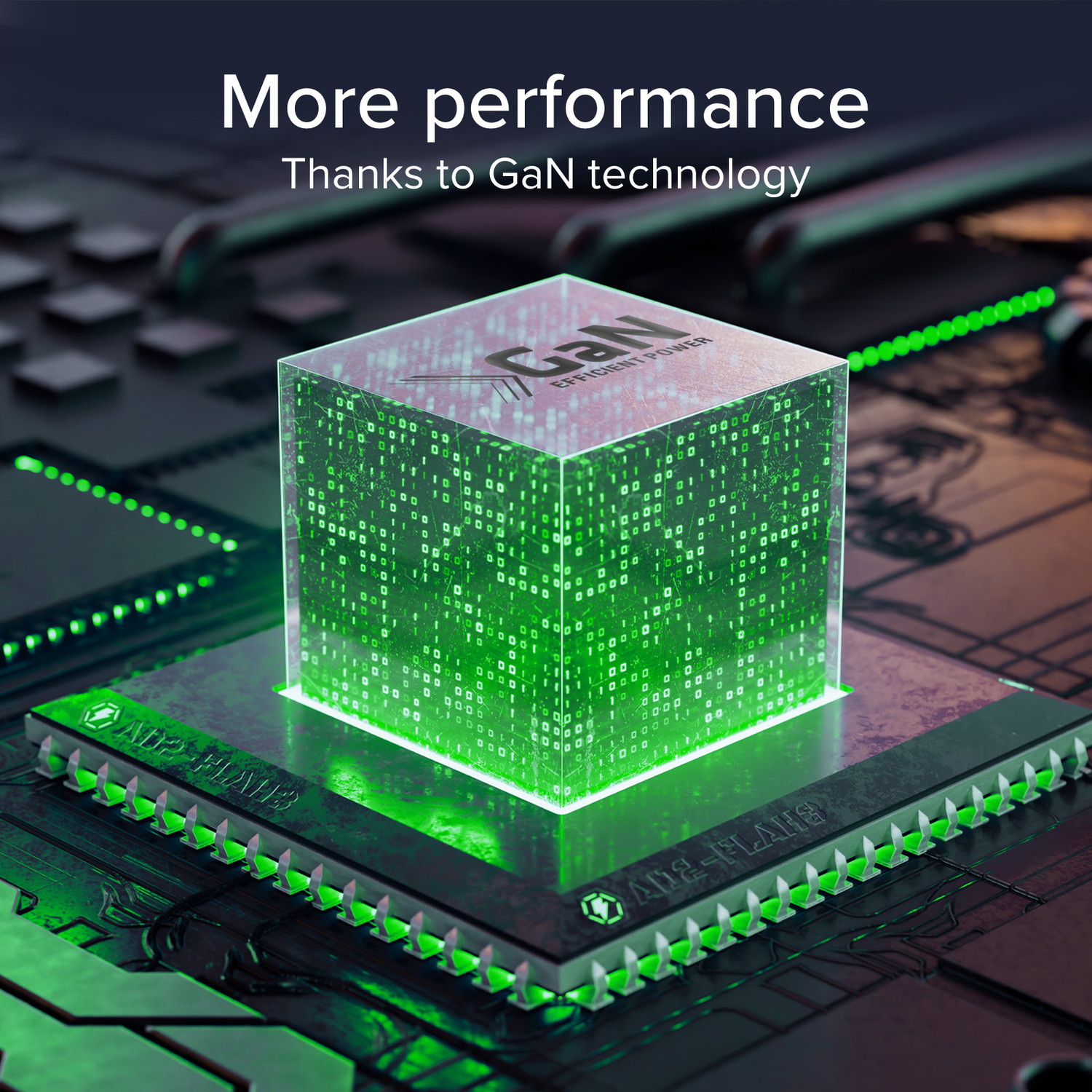 Un cube vert brillant sur une carte de circuit imprimé. Accents verts.