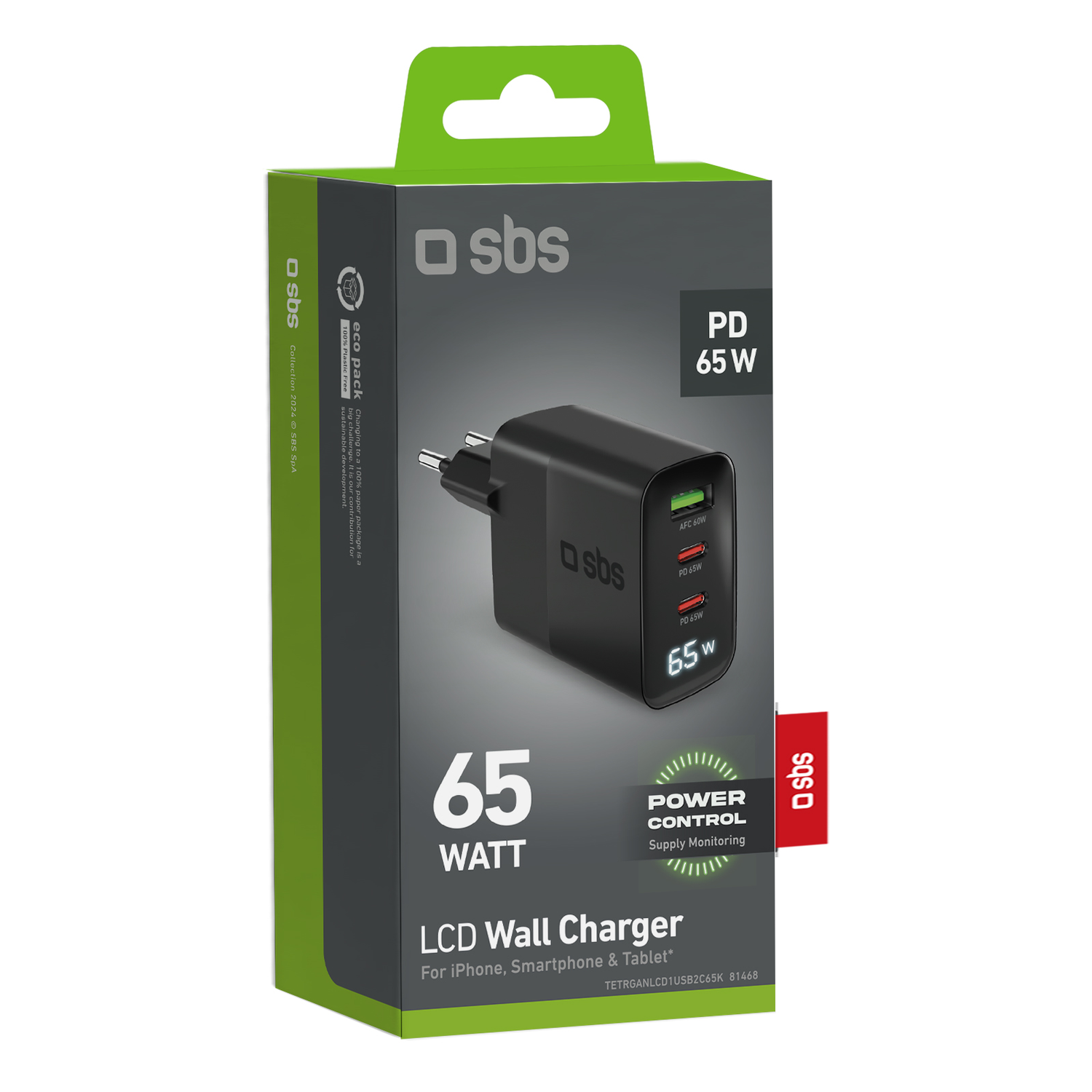 Une boîte noire et verte d'un chargeur mural de 65 watts. Le chargeur est noir.