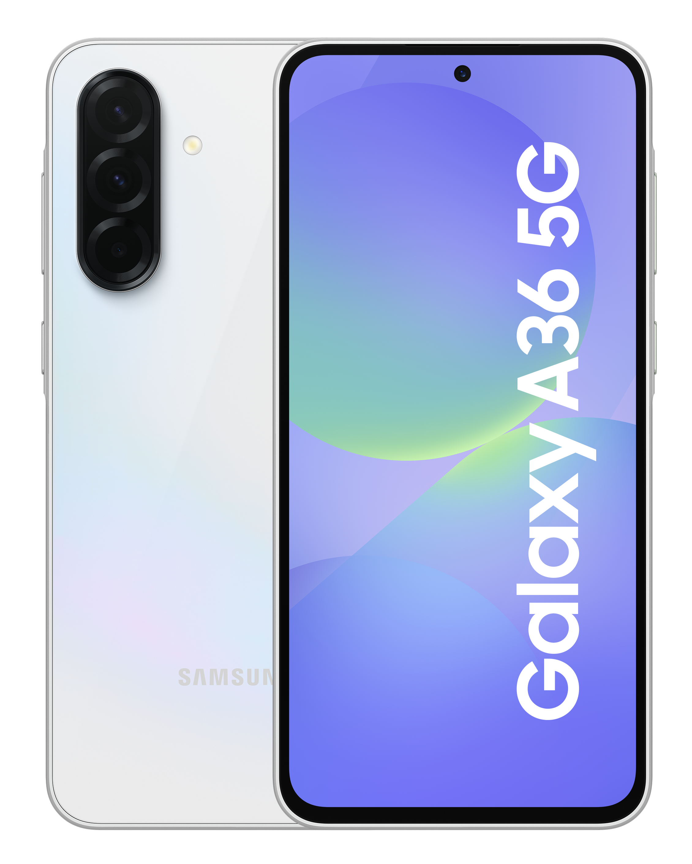 Biały smartfon Samsung Galaxy A36 5G. Tył z trzema obiektywami. Kolorowy design ekranu.