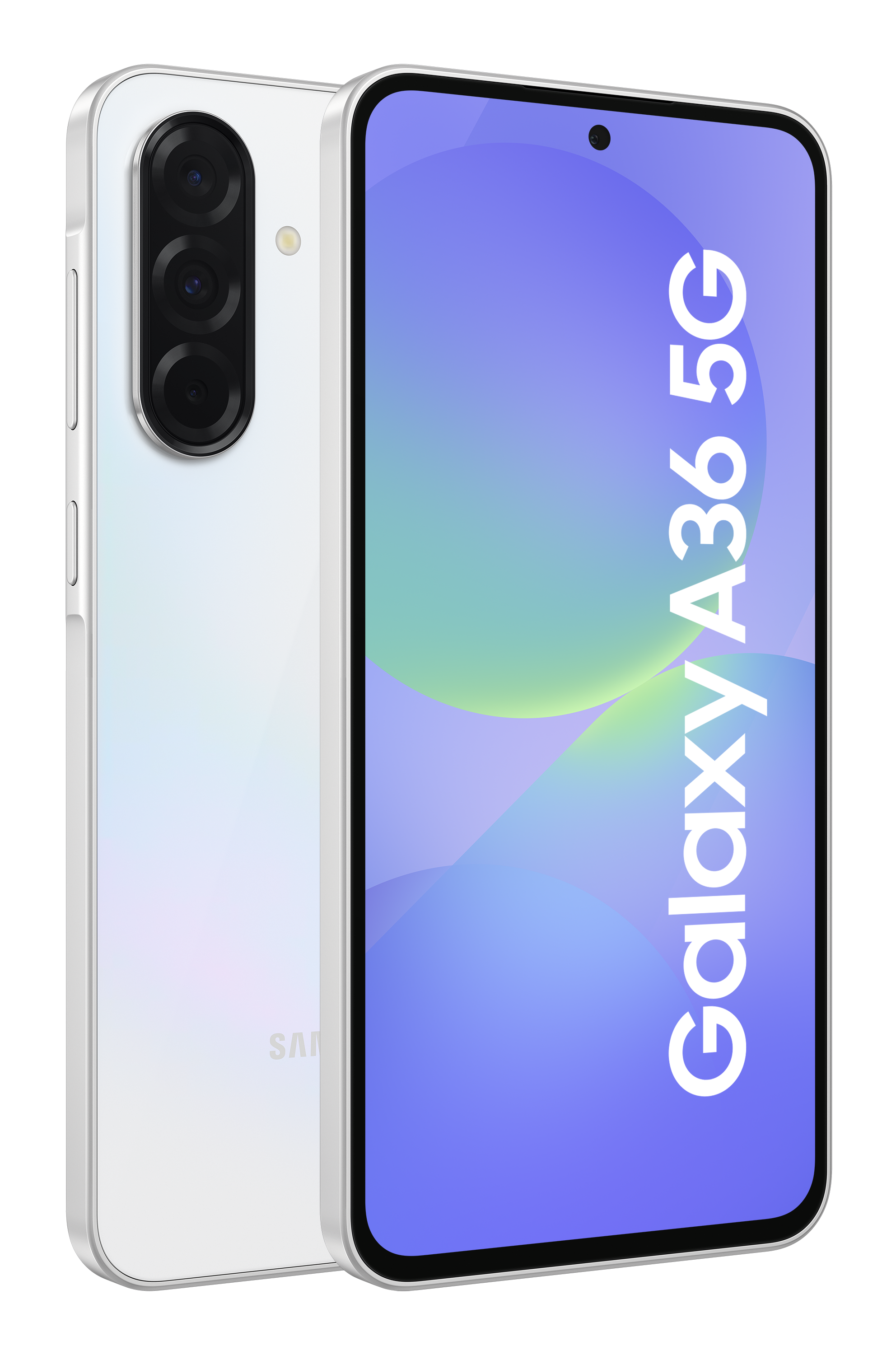 Biały telefon z trzema aparatami. Ekran pokazuje Galaxy A36 5G.