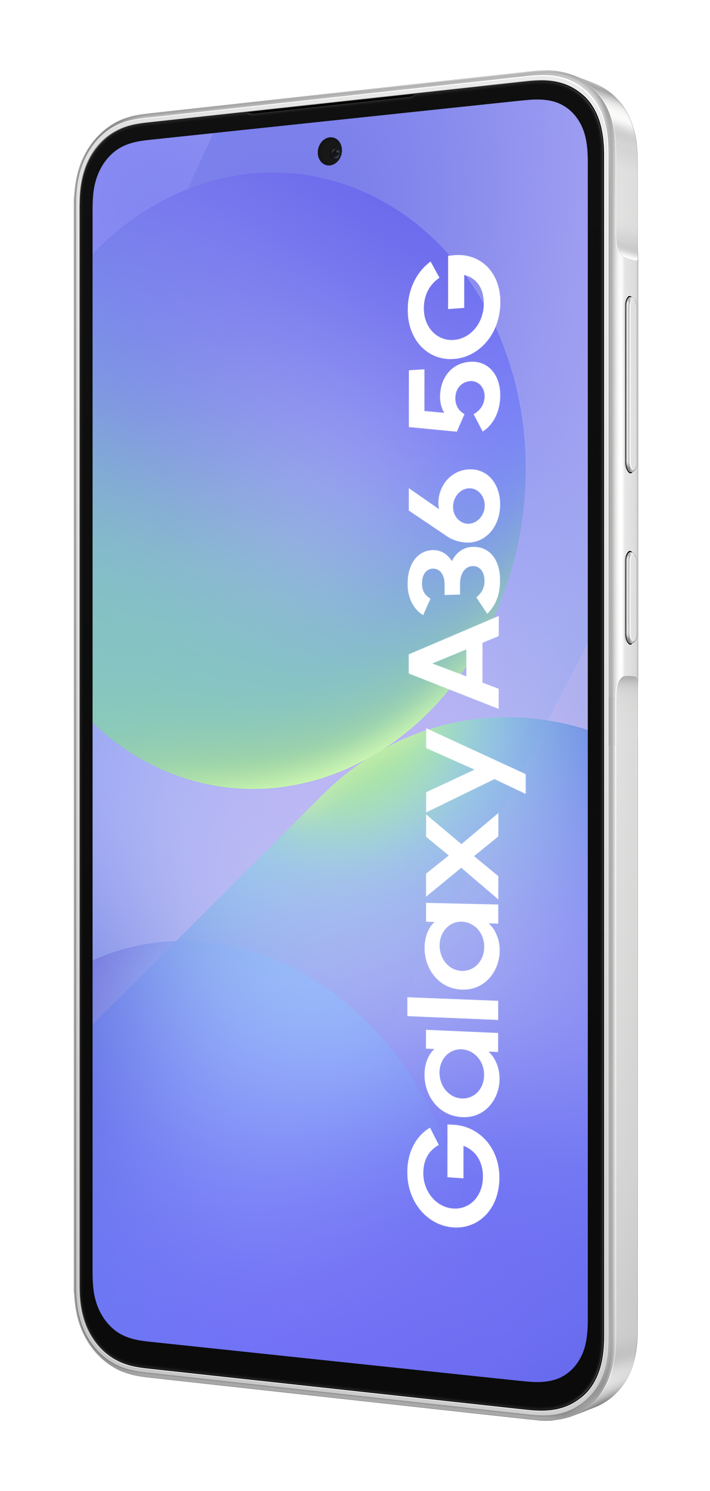 Biały smartfon Samsung Galaxy A36 5G, widok z boku, z widoczną nazwą telefonu.