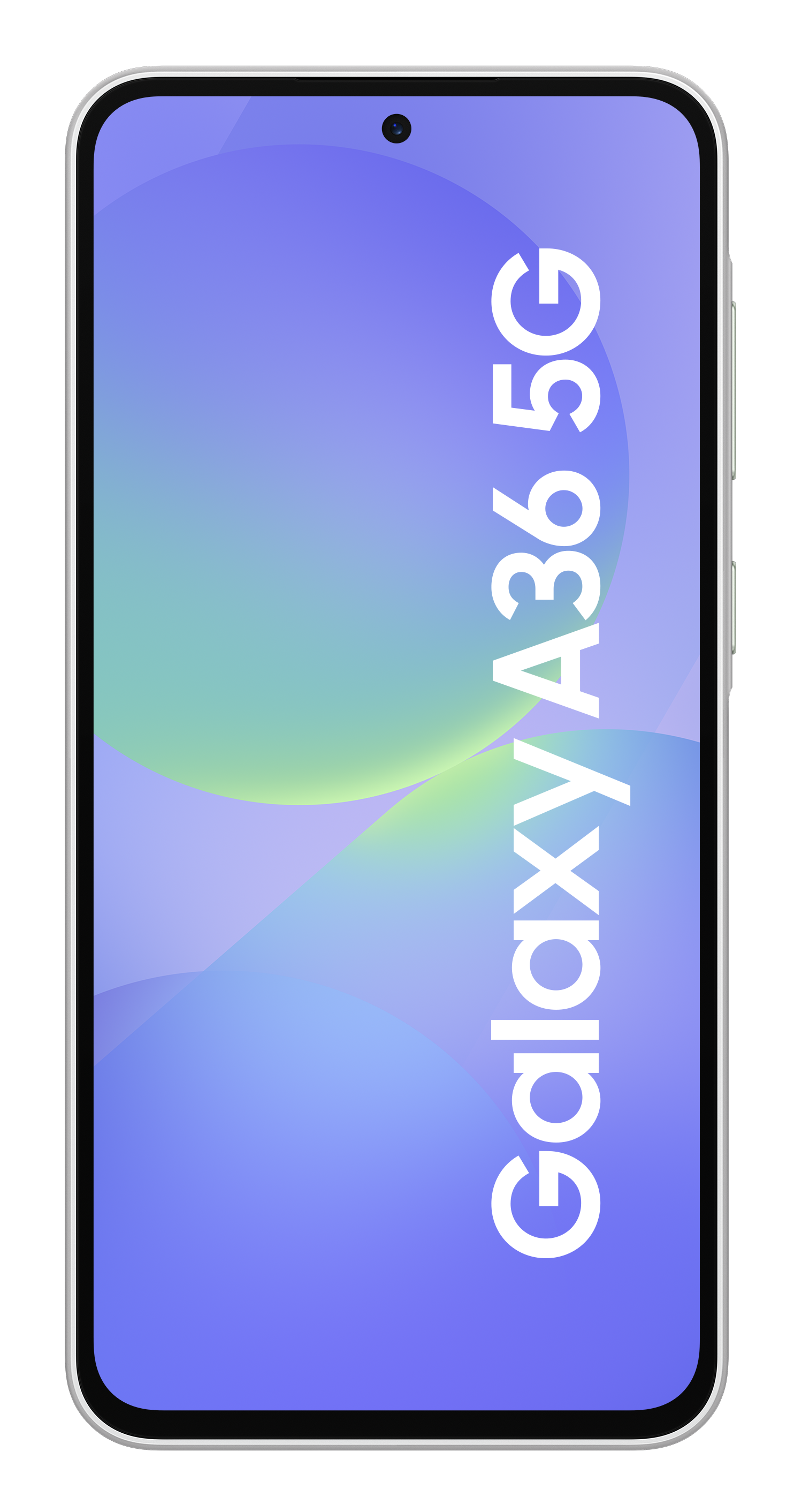 Biały smartfon wyświetlający niebiesko-fioletową grafikę.