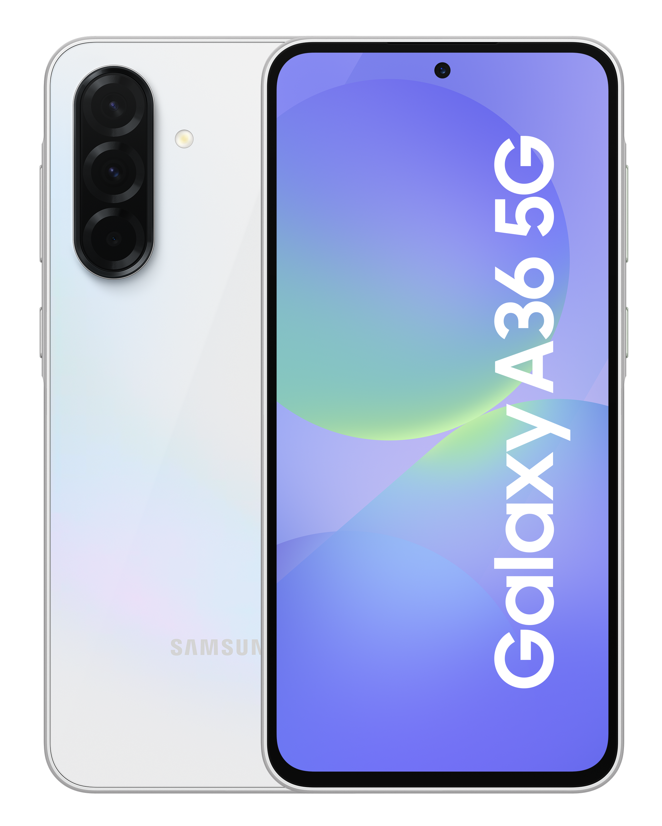 Biały smartfon Galaxy A36 5G, widok z tyłu i z przodu.