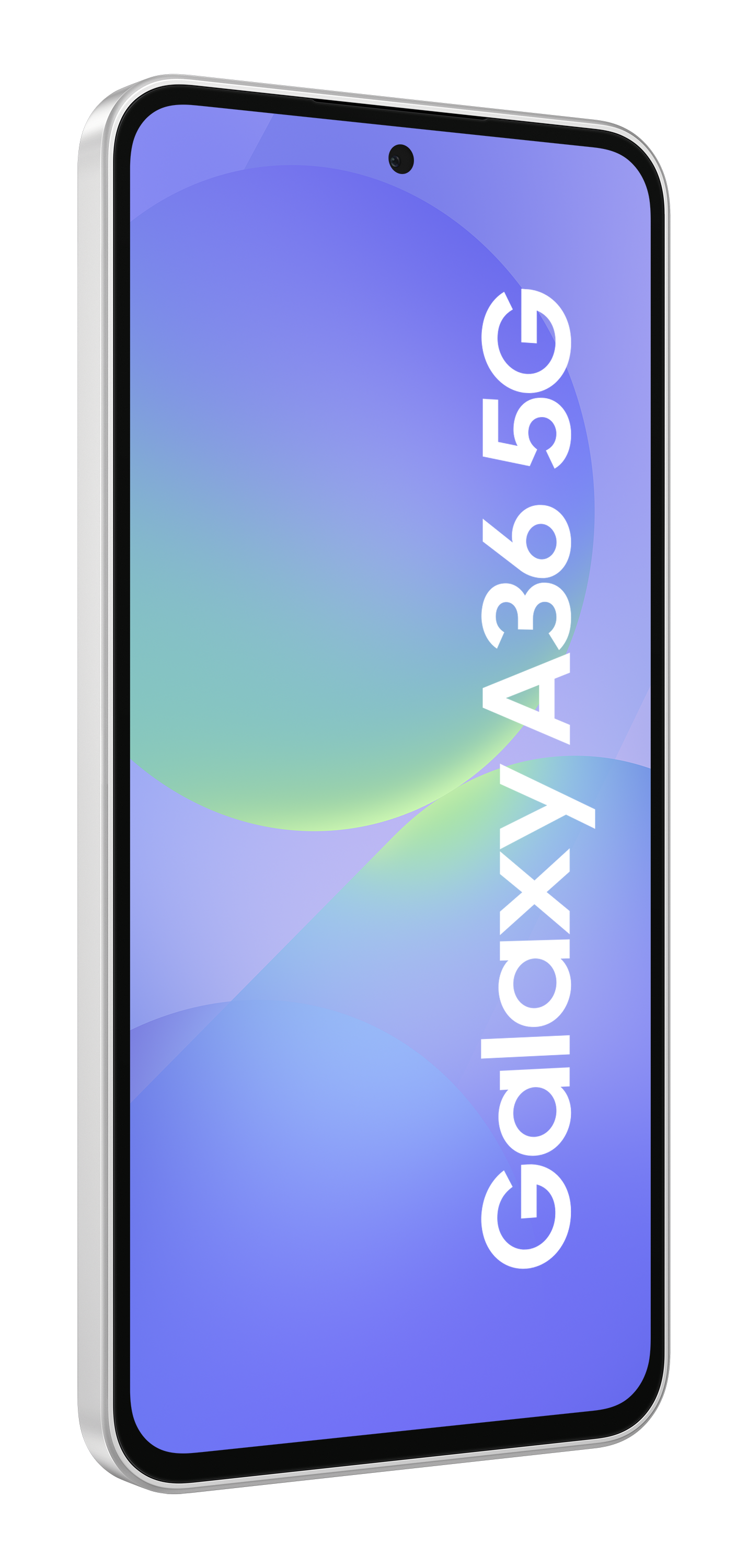 Biały smartfon z niebiesko-zielonym ekranem, wyświetlany jest tekst 'Galaxy A36 5G'.