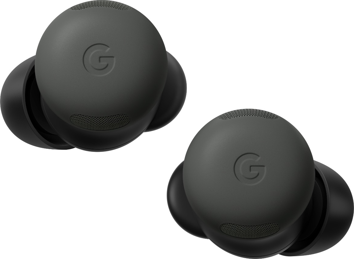 Zwei olivgrüne Google Pixel-Ohrhörer mit ihrem markanten 'G'-Logo, vor weißem Hintergrund.