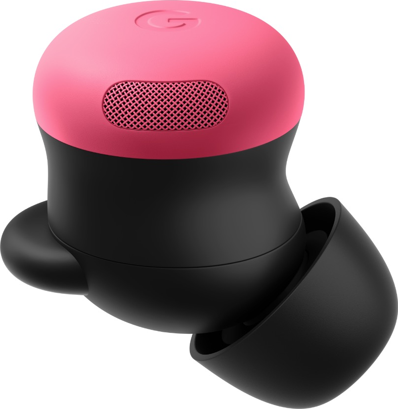 Nahaufnahme eines pinkfarbenen und schwarzen Ohrhörers. Der Ohrhörer hat ein Mesh-Gitter, ein Google-Logo und eine schwarze Ohrspitze.