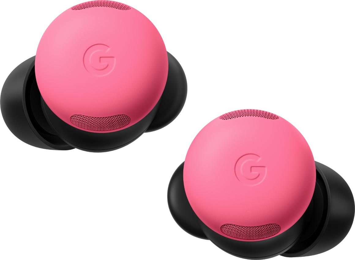 Zwei pinke und schwarze Ohrhörer, jeweils mit einem Google-Logo. Sie haben Mesh-Gitter und schwarze Ohrspitzen, vor weißem Hintergrund.