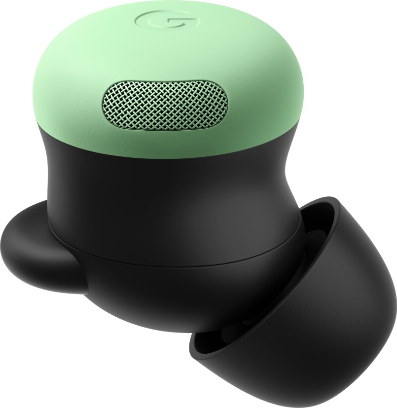 Un écouteur Google Pixel vert menthe et noir, vue rapprochée, fond blanc.