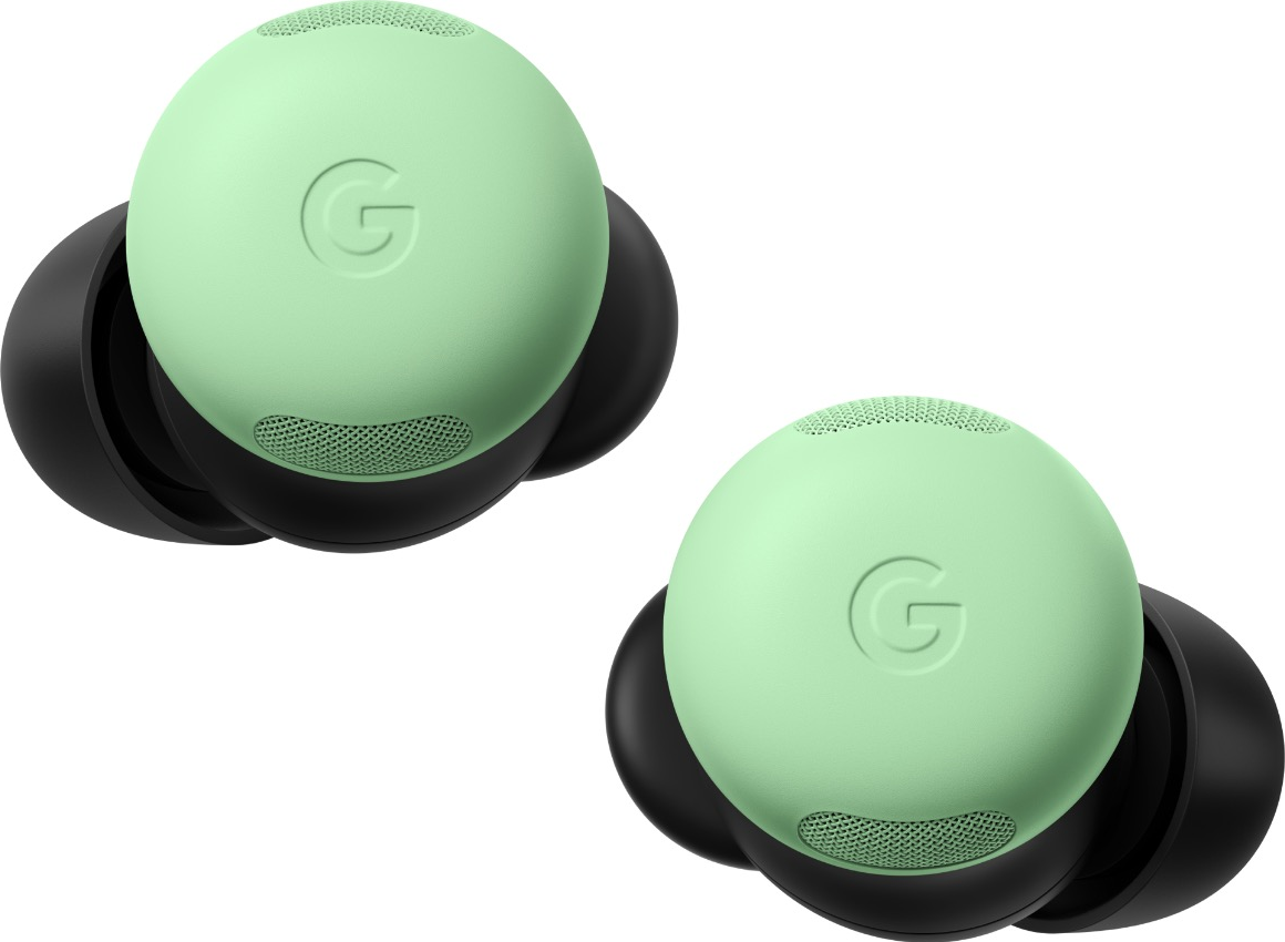 Deux Google Pixel Buds vert menthe. Les écouteurs sont mis au point. Fond noir et blanc.