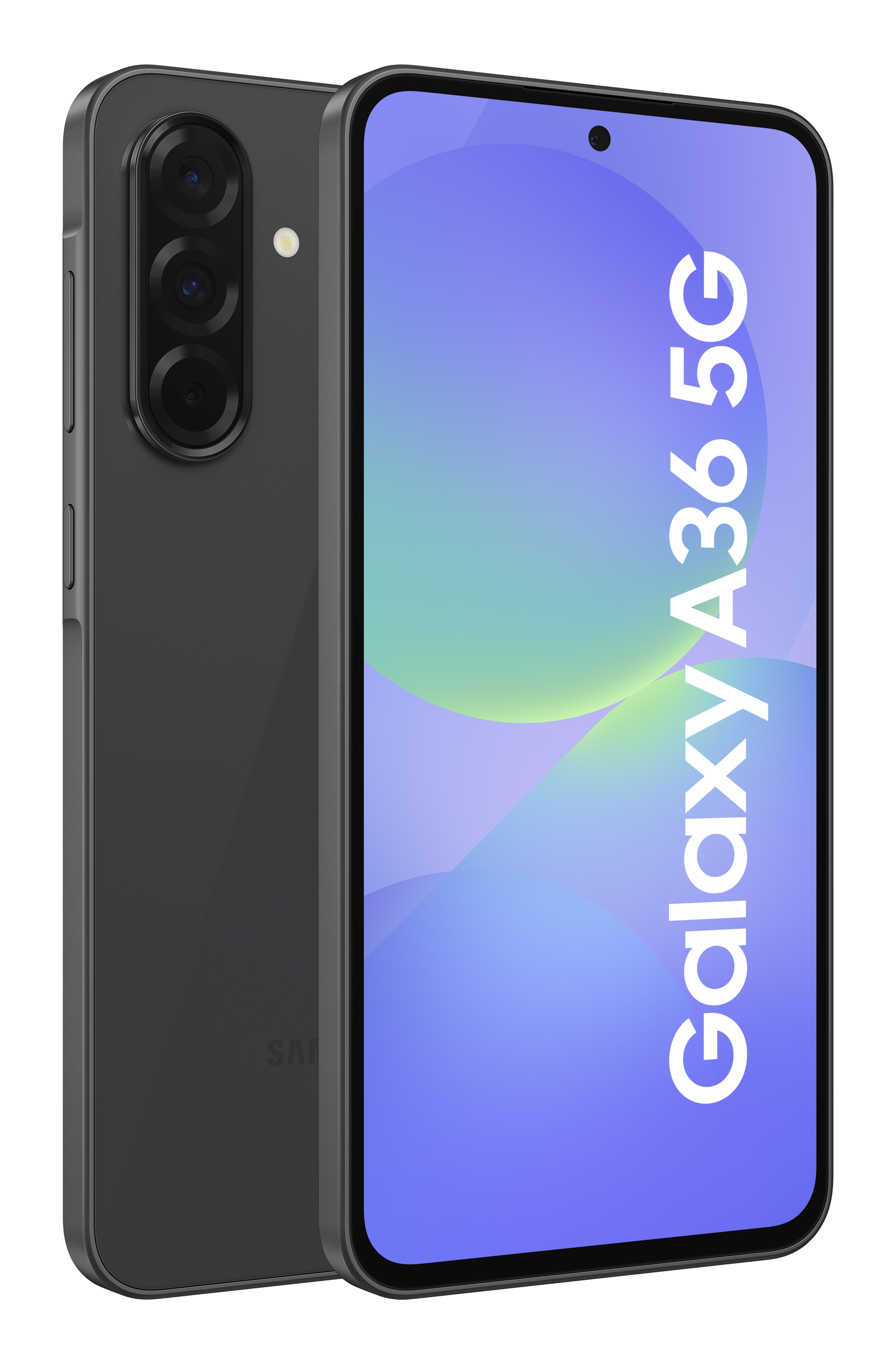 Tył i przód ciemnoszarego telefonu Samsung Galaxy A36 5G na czarnym tle.