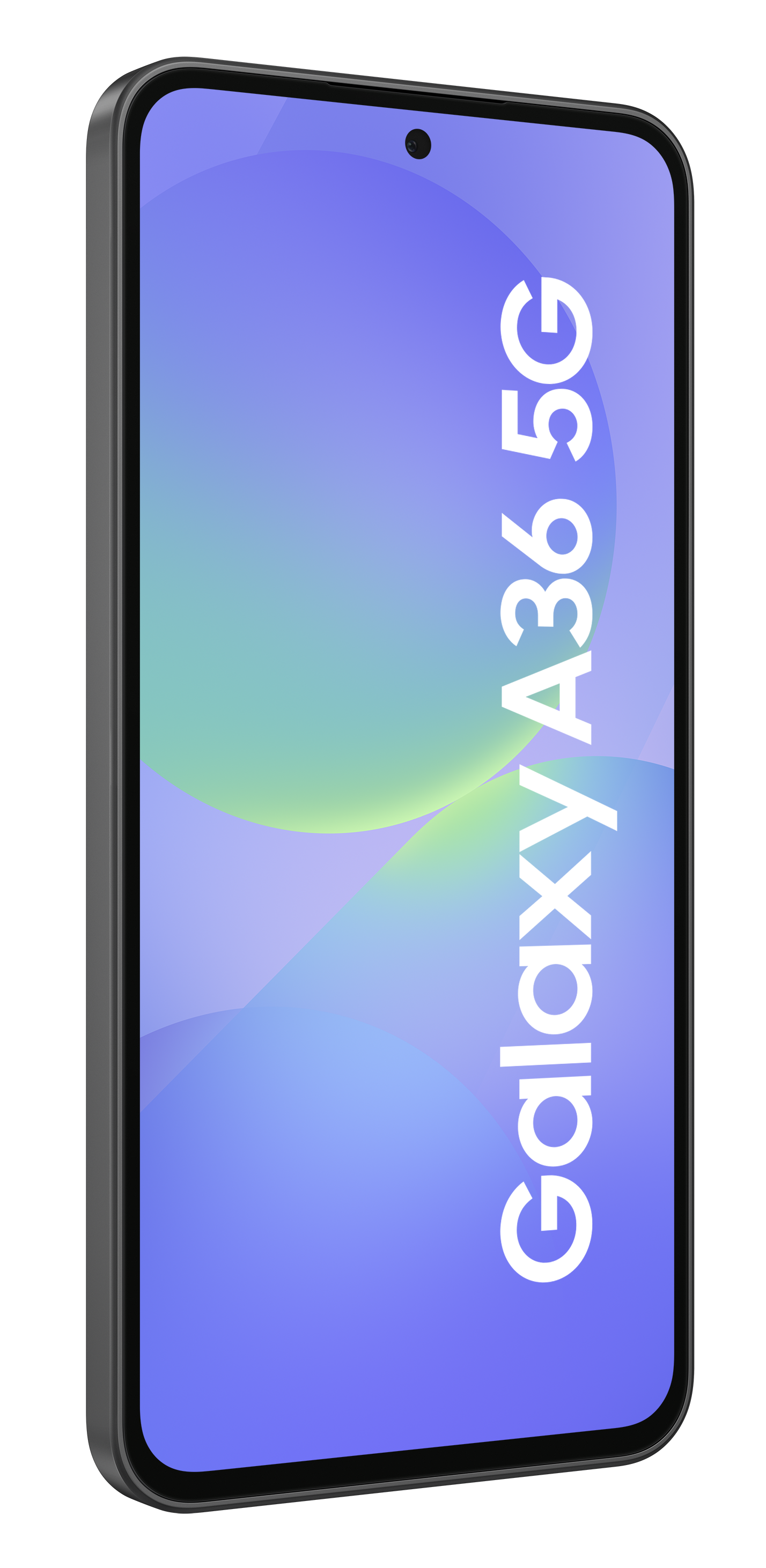 Smartfon z niebieskim i zielonym gradientowym ekranem. Telefon jest czarny.