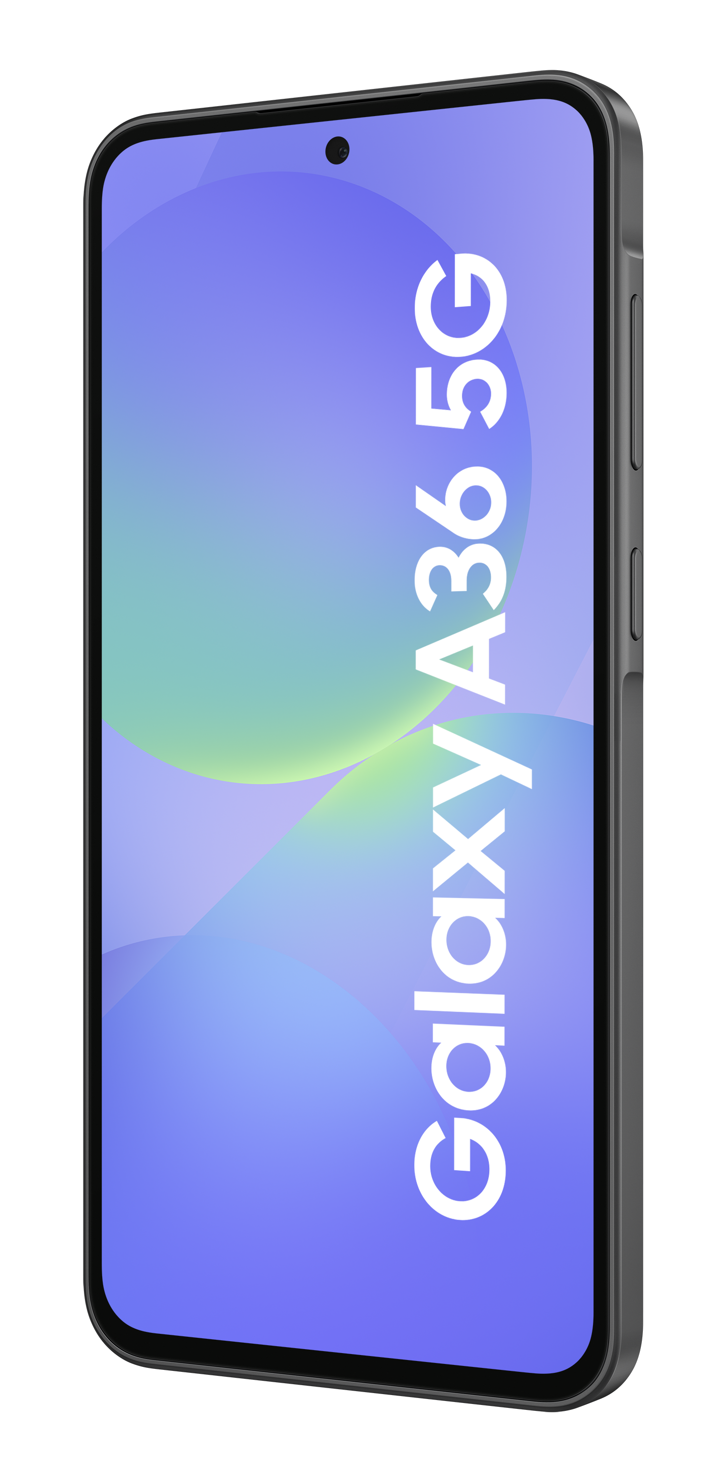 Czarny telefon ze słowami Galaxy A36 5G na ekranie.