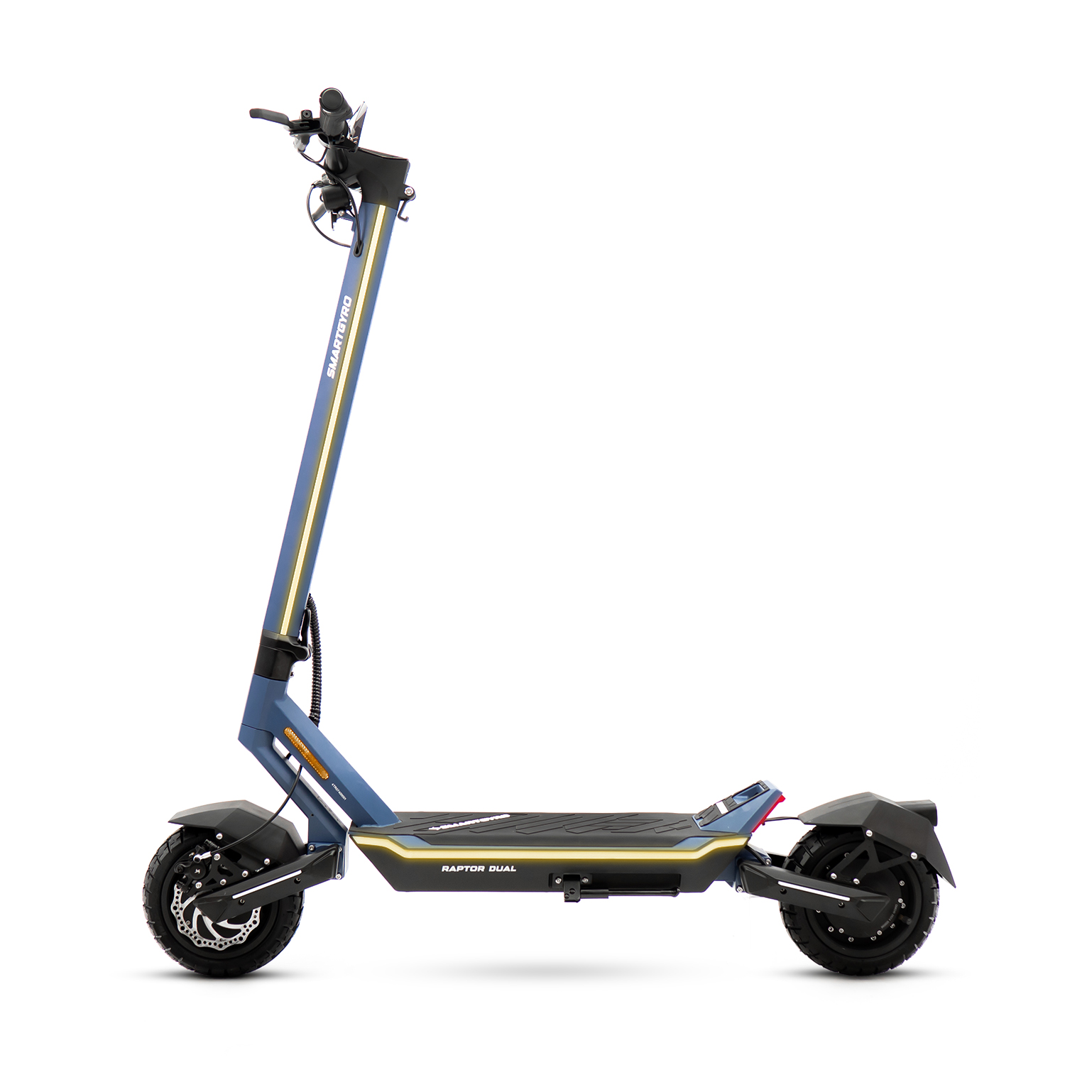 Un scooter eléctrico azul y negro con una plataforma larga, luces amarillas y dos ruedas. Fondo blanco.