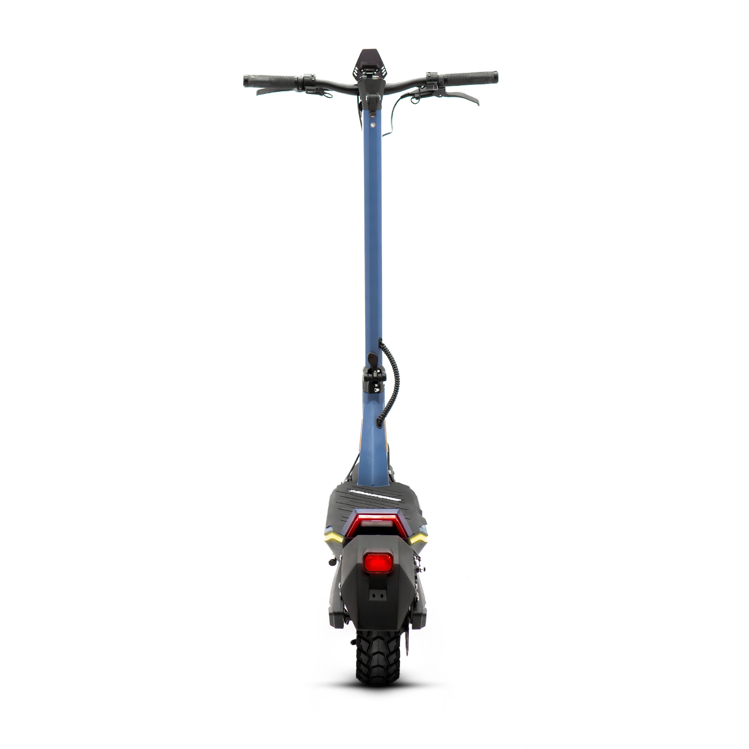Scooter eléctrico azul desde la vista trasera. Fondo blanco.
