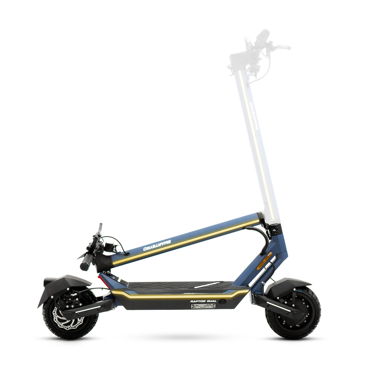 Patinete eléctrico azul y negro. La parte superior está difuminada.
