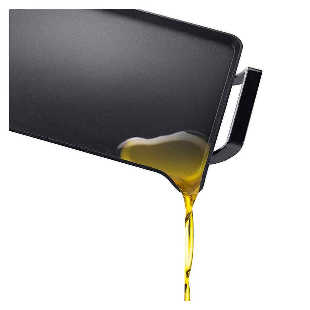 Una plancha negra con aceite saliendo de la esquina, sobre un fondo blanco.