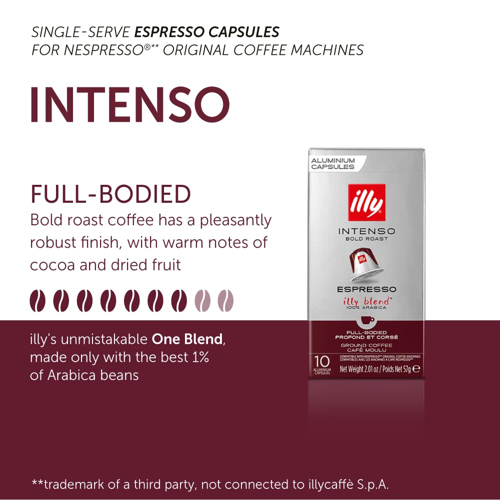Envase de café con texto 'Intenso' y un paquete de cápsulas sobre fondo blanco.