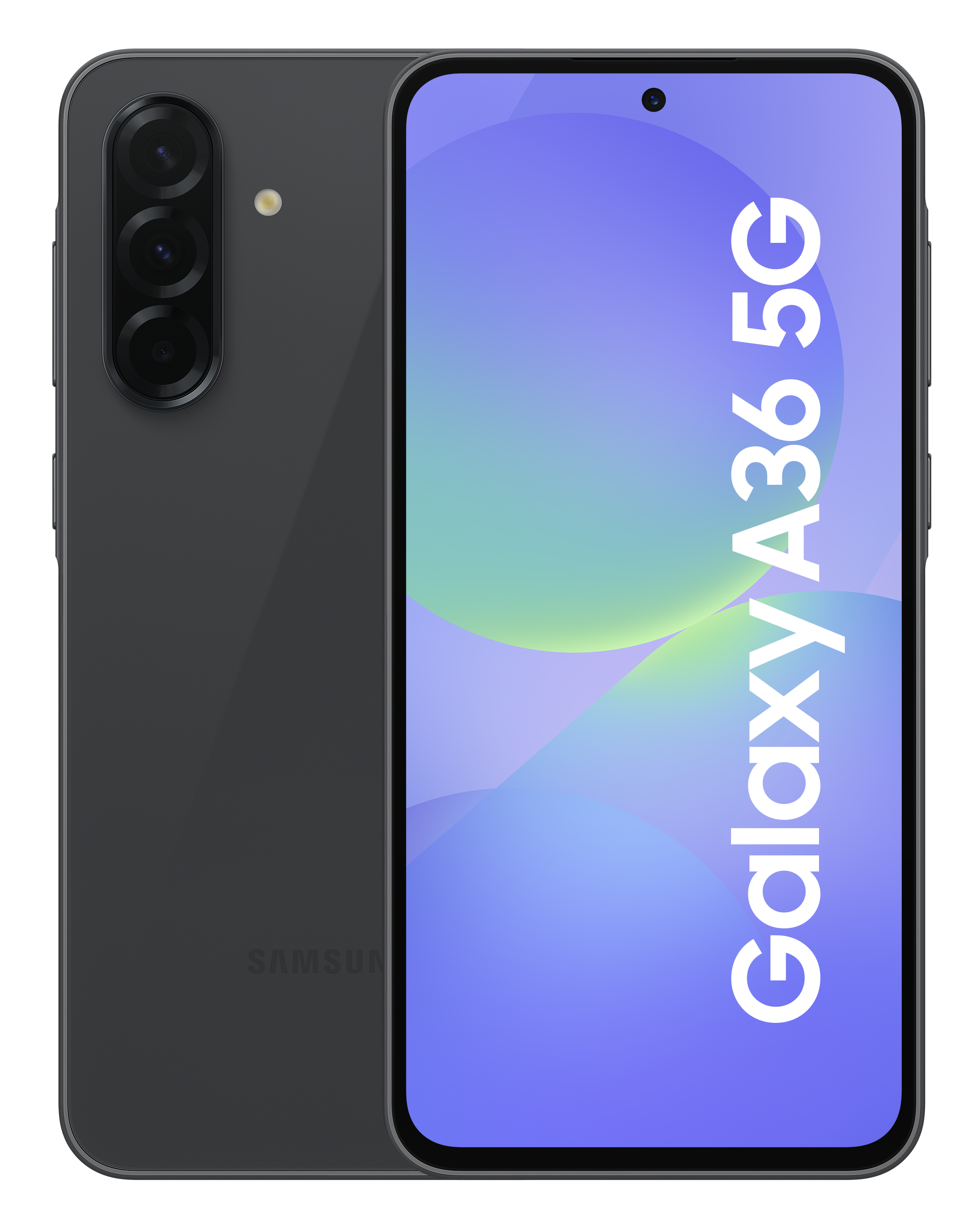 Telefon Samsung Galaxy A36 5G, ciemnoszary, z wyświetlaną grafiką.