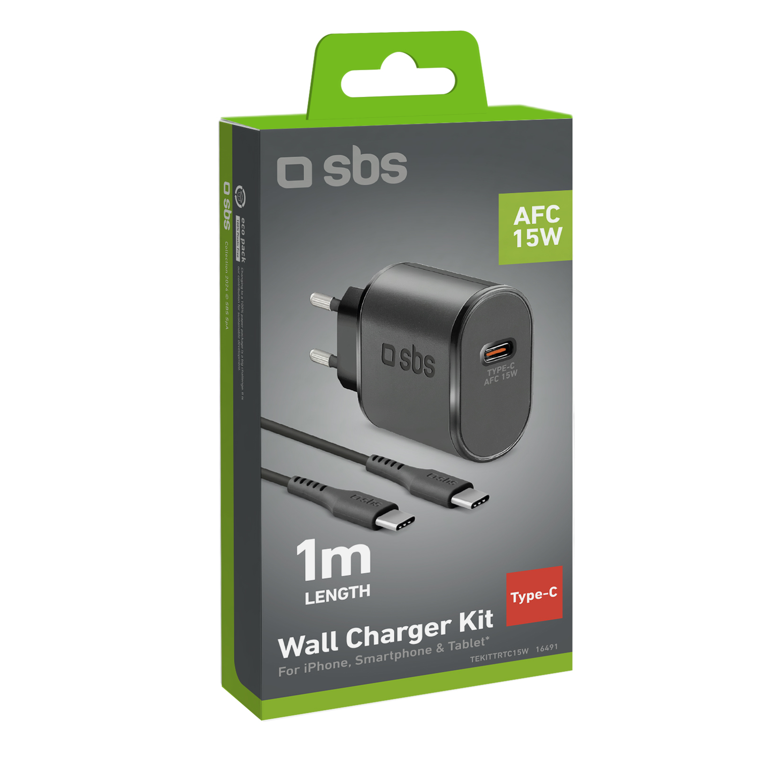 Een wandladerkit in een groene doos met een zwarte oplader en kabel.
