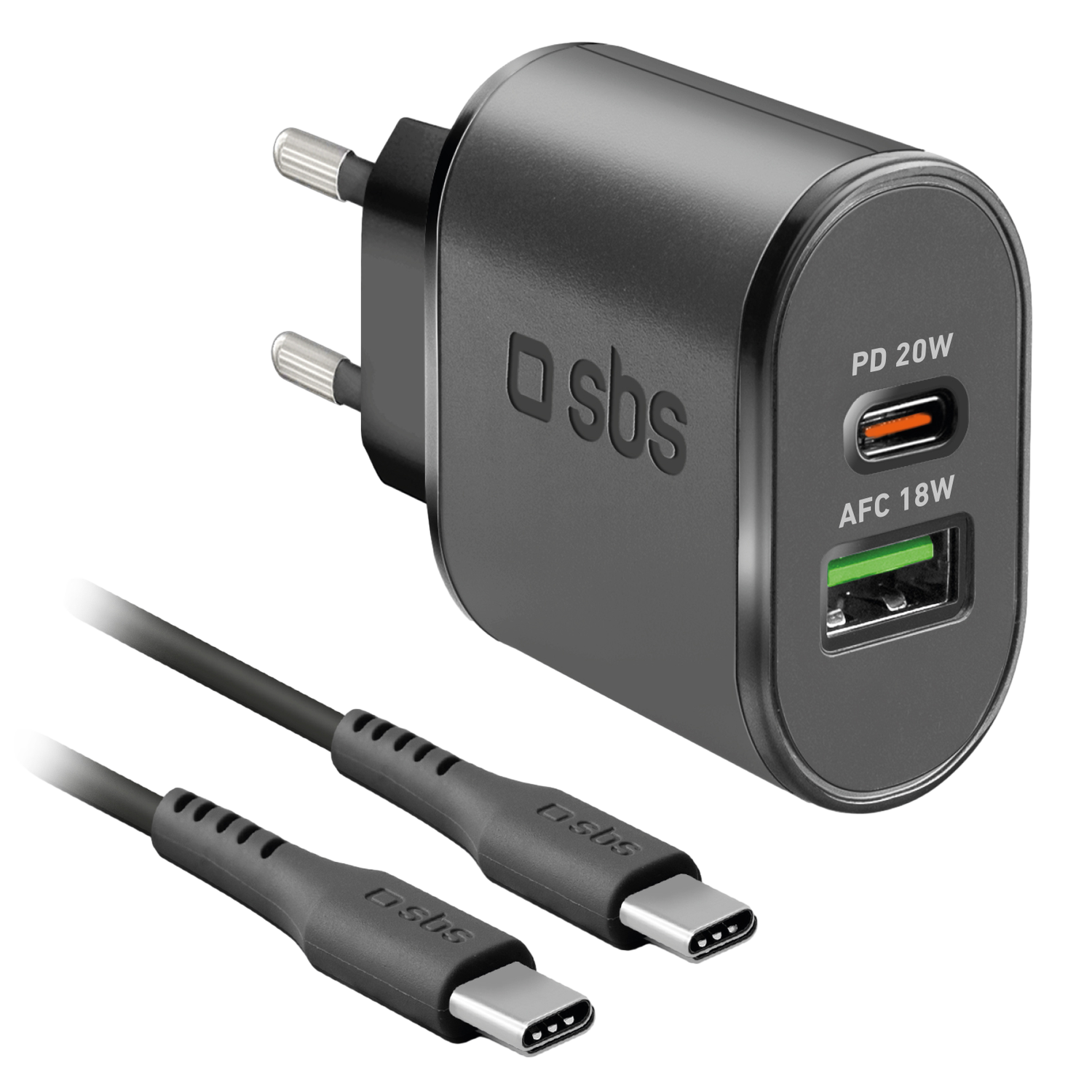 Sbs Wall Charger Usb-c 20w & Usb-a 18w Black + Kabel 1.5m Thuislader