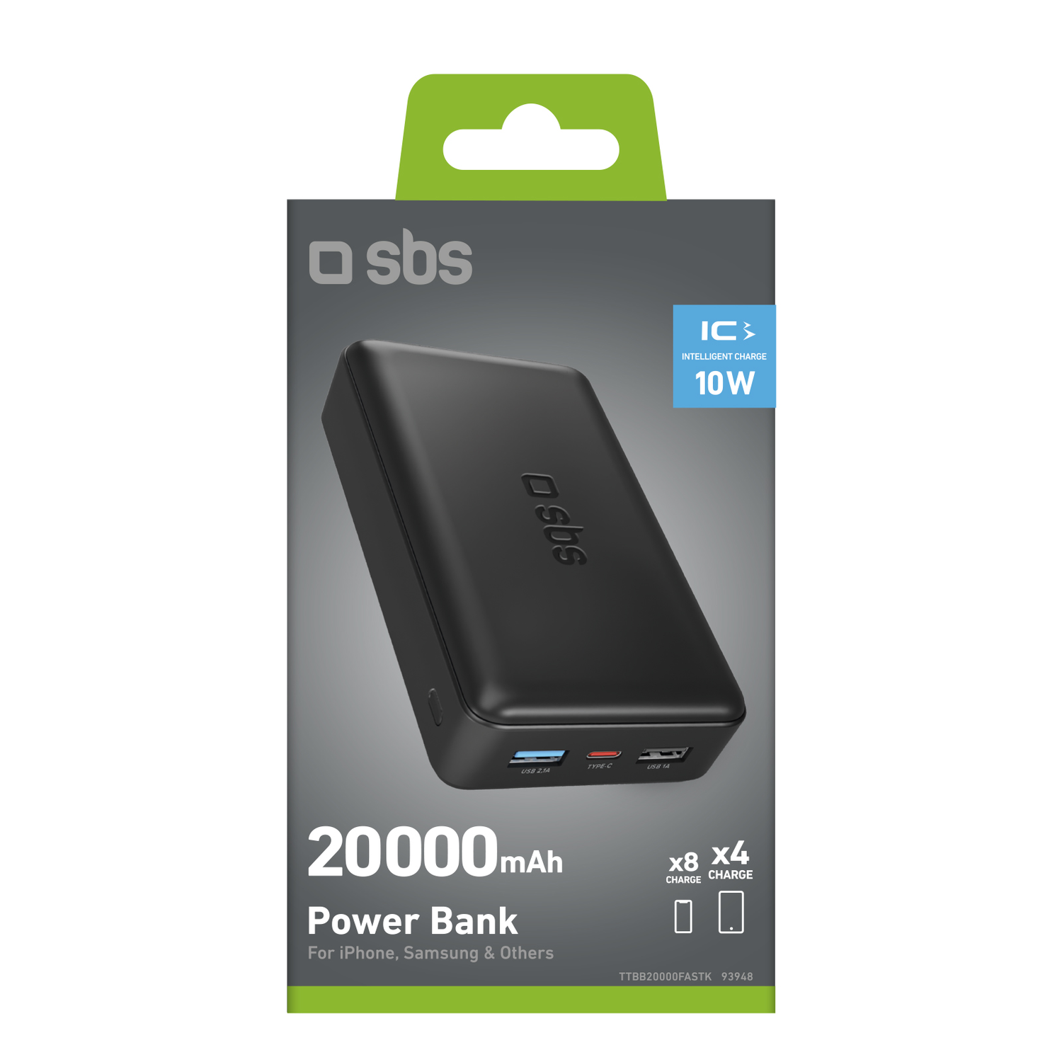 Zwarte powerbank met witte tekst en logo's. '20000mAh' prominent. USB-C- en USB-A-poorten zichtbaar.