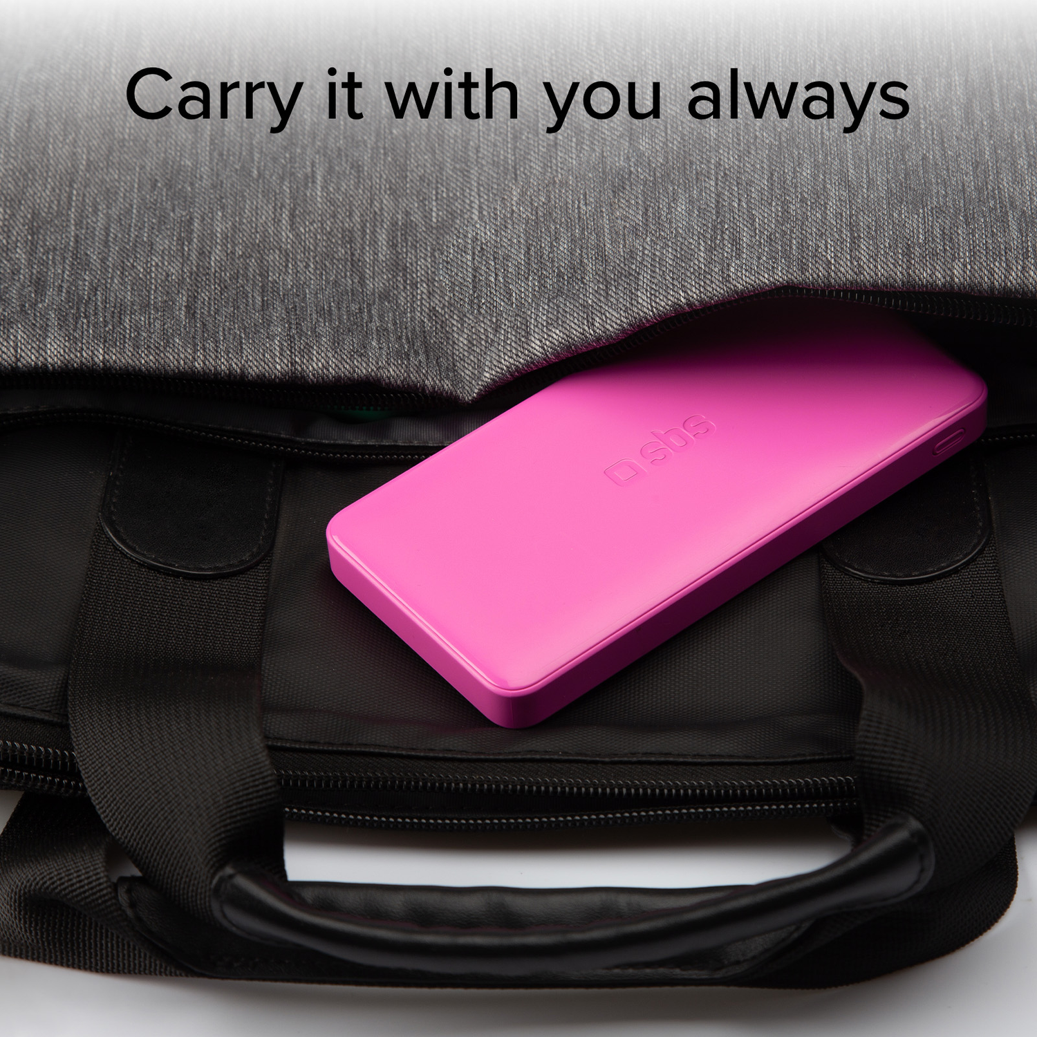 Pink power bank in a black bag, with a handle. Text says: Carry it with you always.