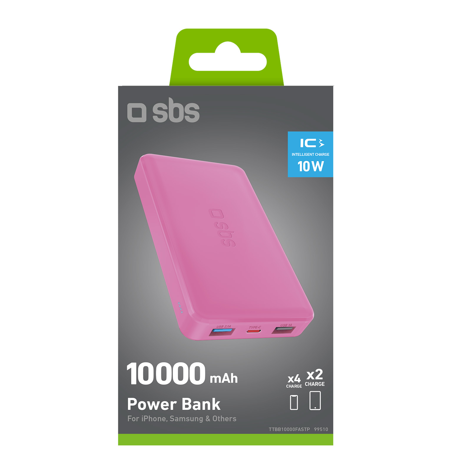 A pink 10000 mAh power bank in a box, with details, white background.